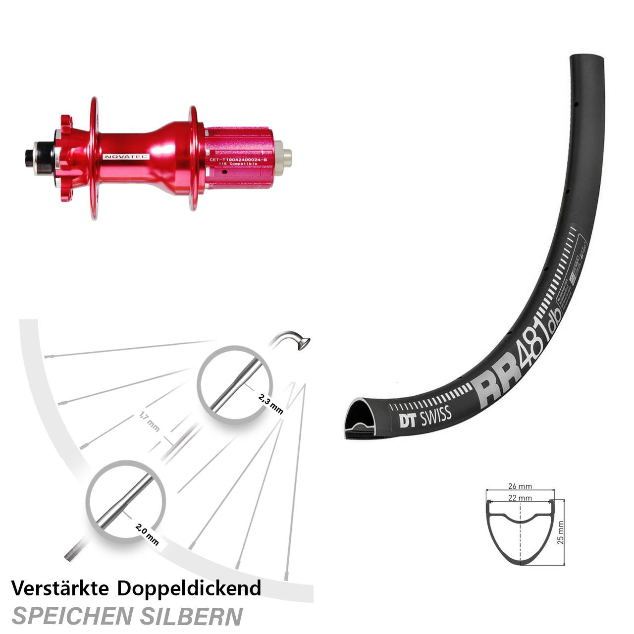28 Zoll Hinterrad DT Swiss RR 481 Disc mit Novatec D792SB Nabe rot 8-12 fach