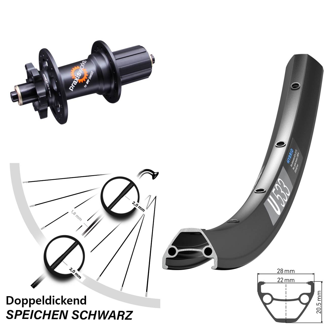 28 Zoll DT Swiss U 533-350 Hinterrad 6-Loch 8-11 fach QR