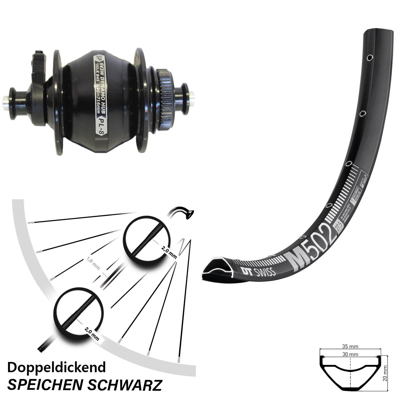 27,5 Zoll DT Swiss M 502 Shutter Precision PL-8 Dynamo-Vorderrad Centerlock QR