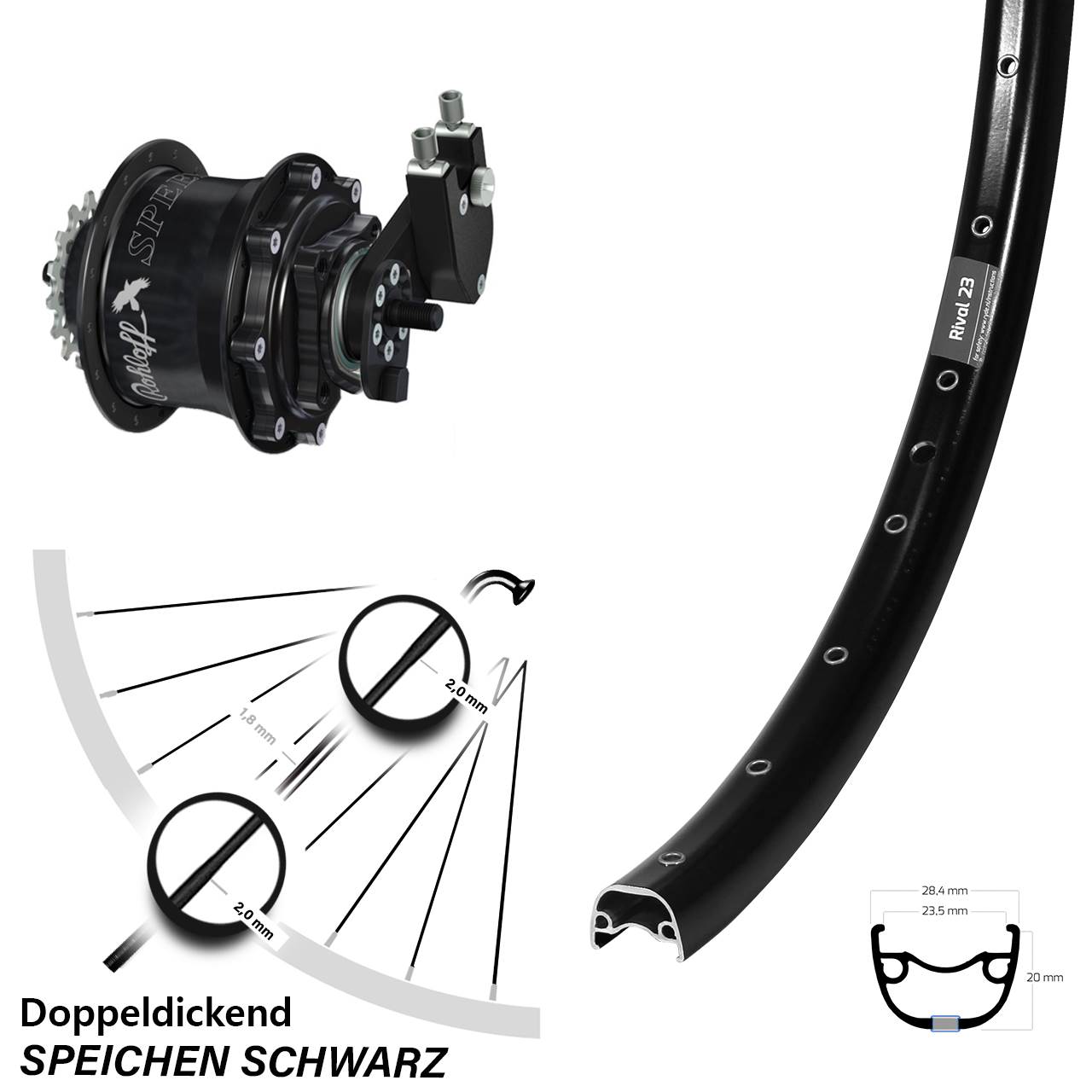 Hinterrad 27,5 Zoll Ryde Rival 23 Disc schwarz Rohloff Speedhub 500/14 TS DB OEM Tandem