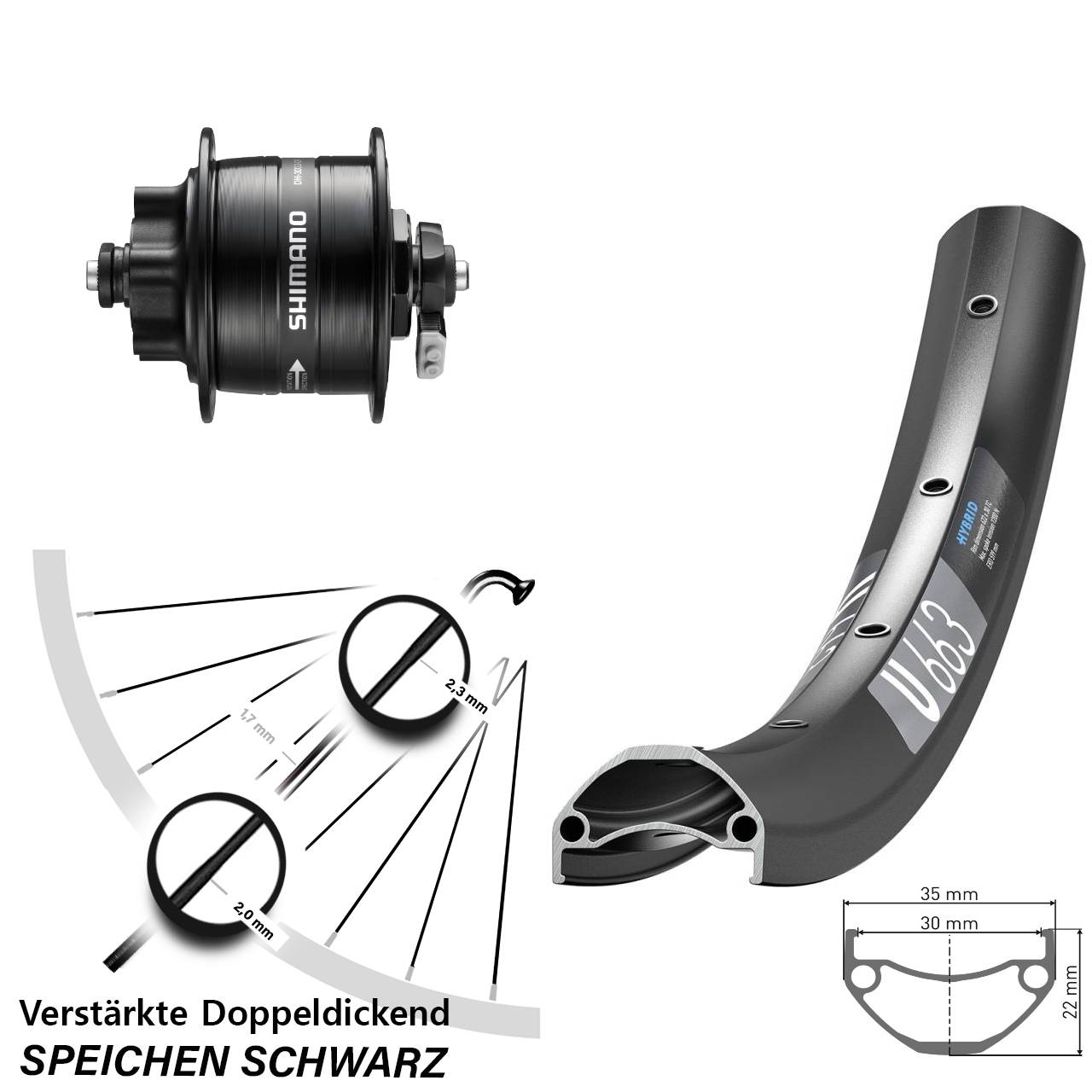 DT Swiss U663 Shimano DH-3D32 27,5 Zoll Nabendynamovorderrad 6-Loch