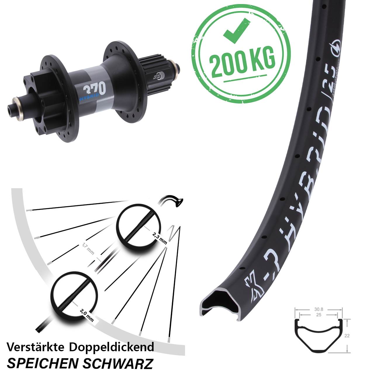 26 Zoll KX-R Hybrid 25 DT Swiss 370 6-Loch Hinterrad QR Boost Micro Spline