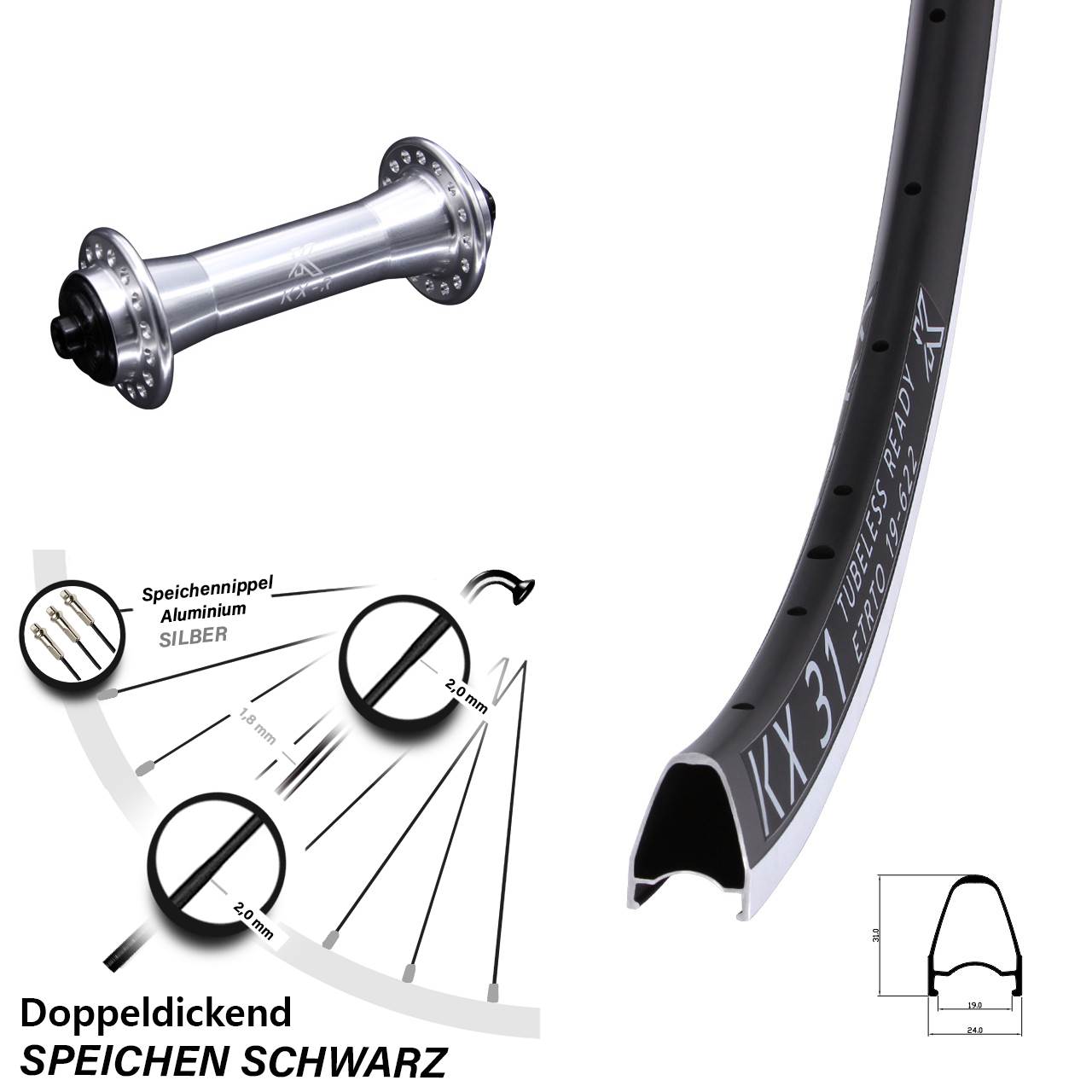 Laufrad 28 Zoll KX 31 KX-R Felgenbremse 5/100 silbern