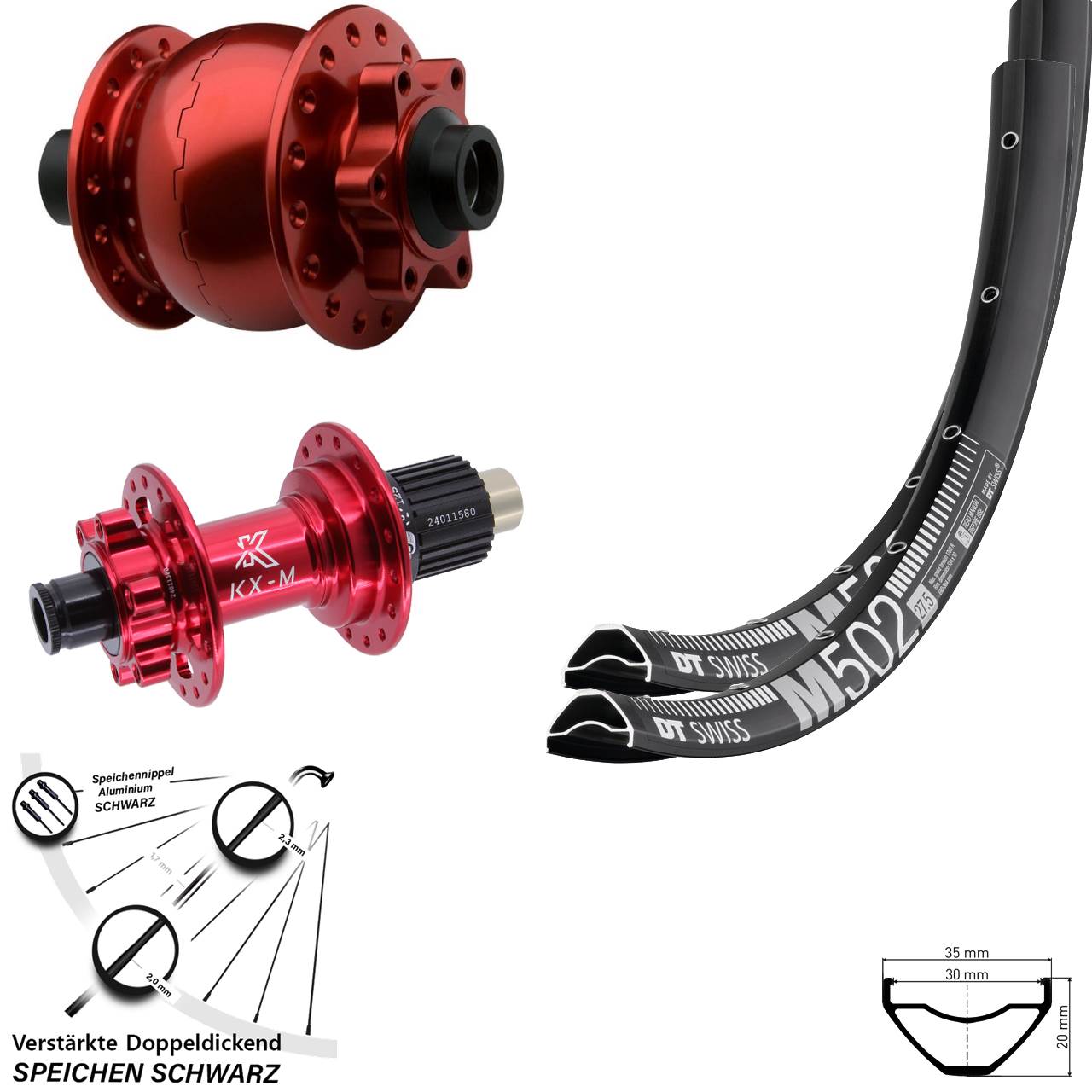 Disc Laufradsatz 29 Zoll DT Swiss M 502 KX-M rot SON 28 Shimano Micro Spline 15x100 12x142
