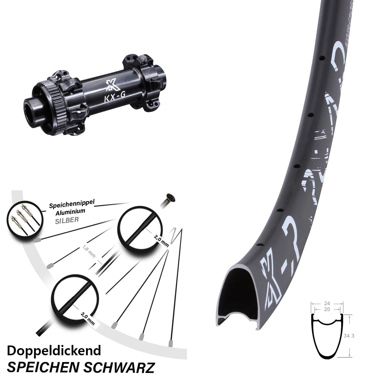 Vorderrad 28 Zoll KX-R Road 12x100 Centerlock Straightpull schwarz