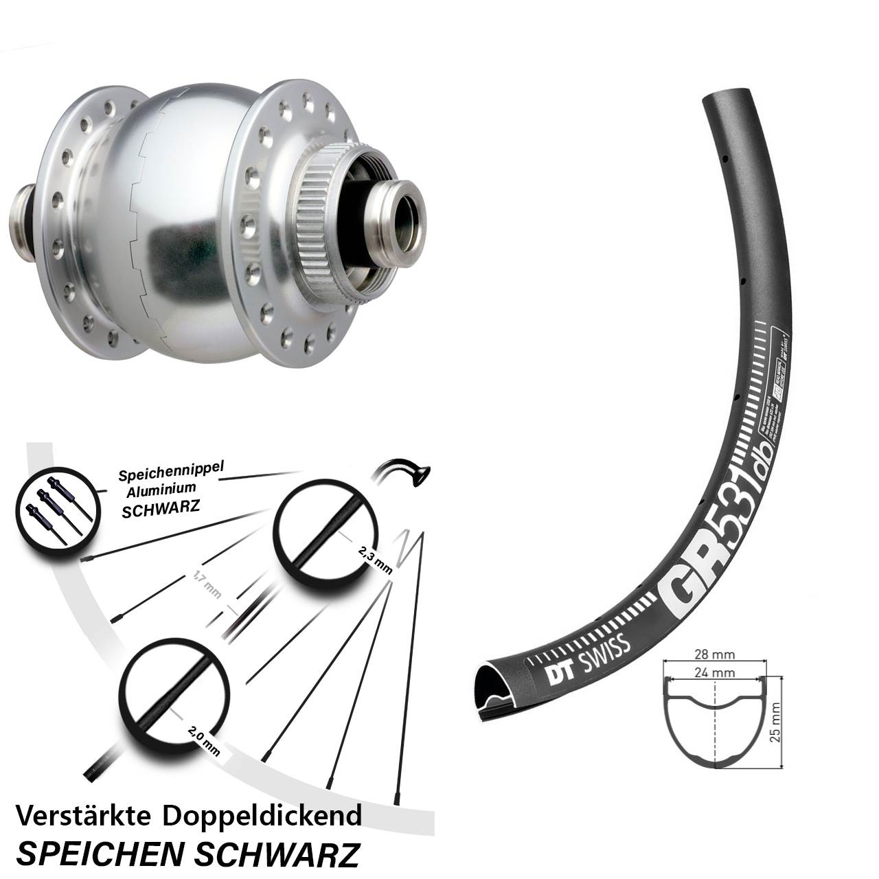 verstärktes Nabendynamolaufrad SON 28 DT Swiss GR 531 DB Disc 27,5 Zoll