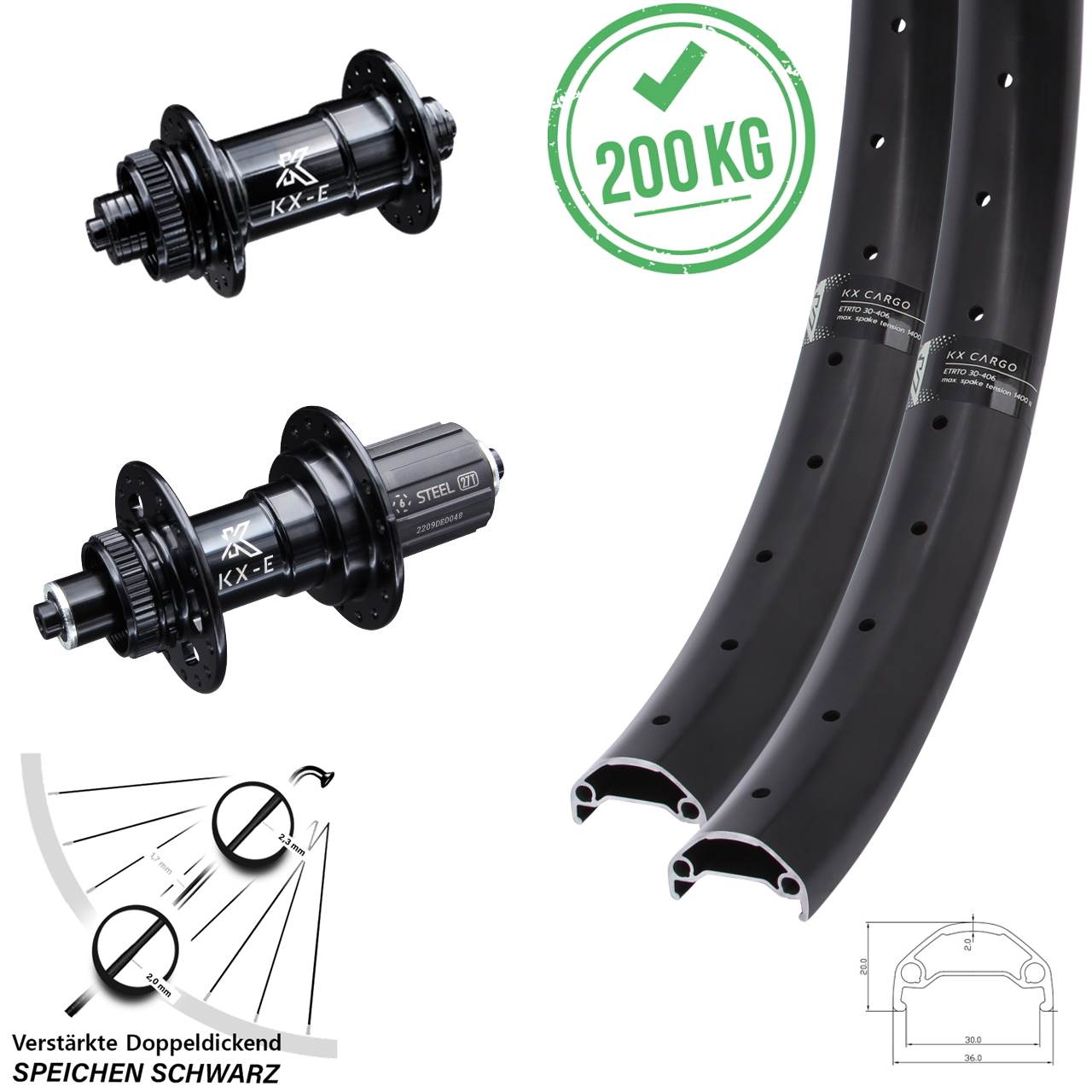 20 Zoll KX-E Cargo Heavy Duty Laufradsatz Centerlock für Schnellspanner 8-12 fach