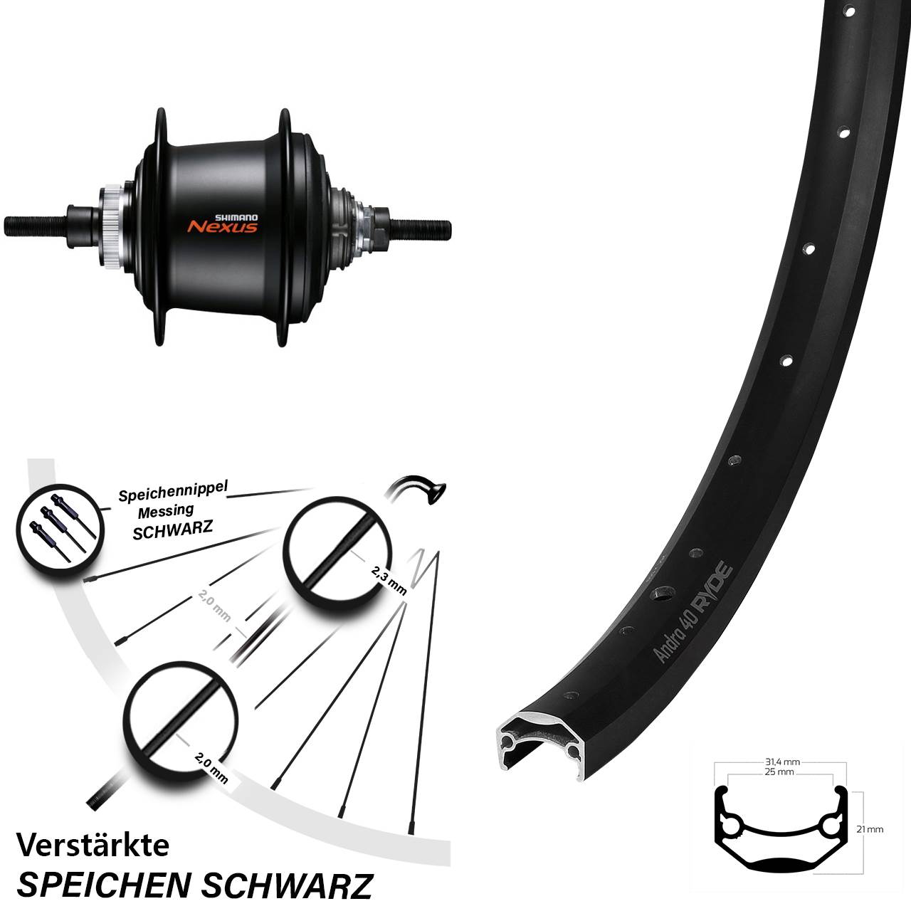 27,5 Zoll Ryde Andra 40 Disc Hinterrad Shimano Nexus 7-Gang Freilauf