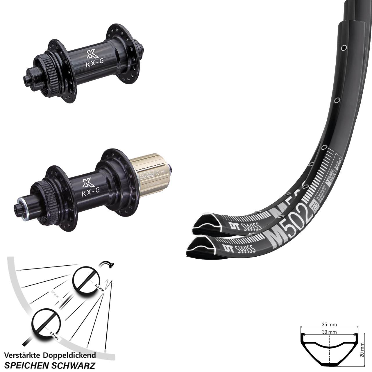 Centerlock Laufradsatz 27,5 Zoll DT Swiss M 502 KX-G 8-12 fach HG für Schnellspanner