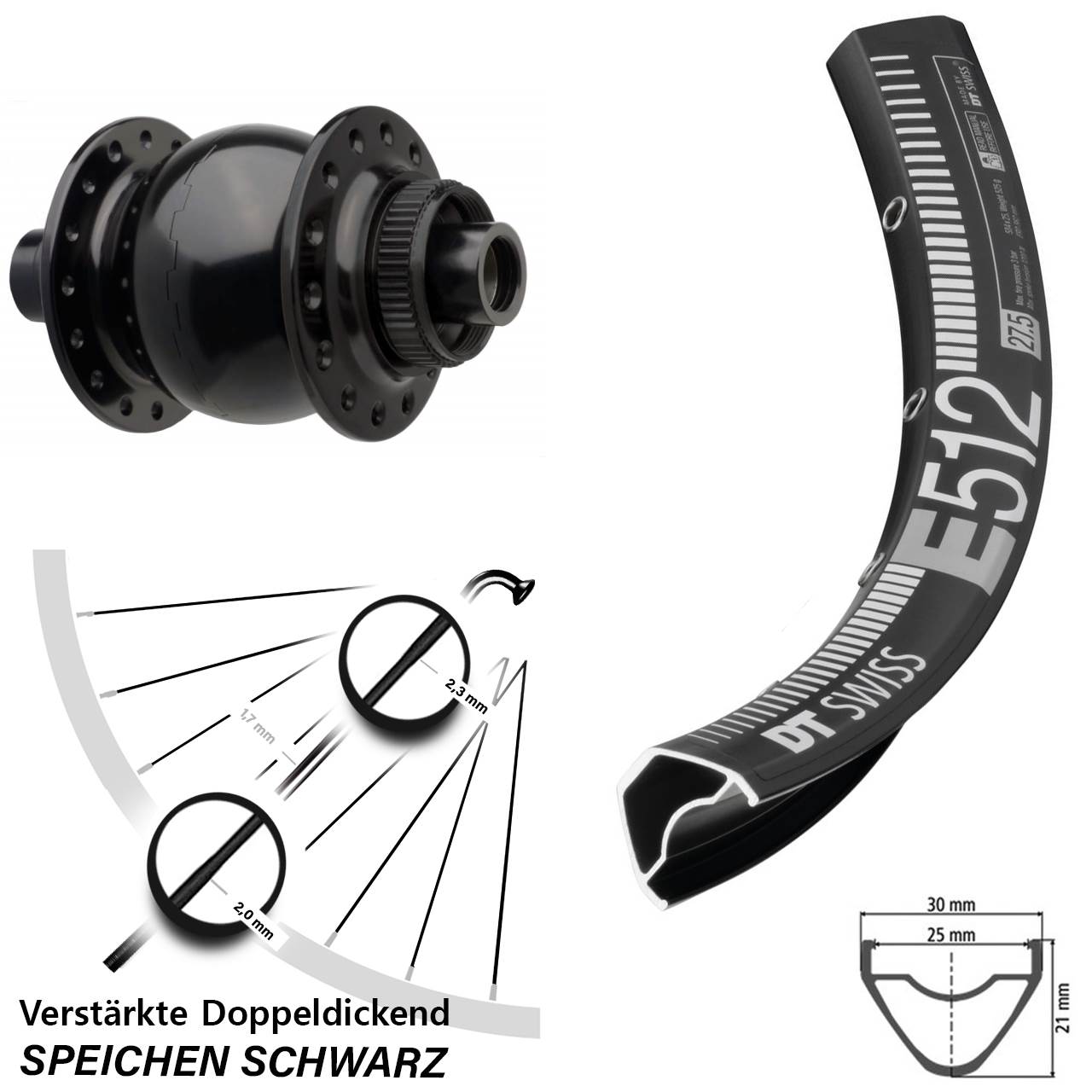 Vorderrad 27,5 Zoll DT Swiss E 512 Disc SON 28-15 Steckachse 110 Boost schwarz