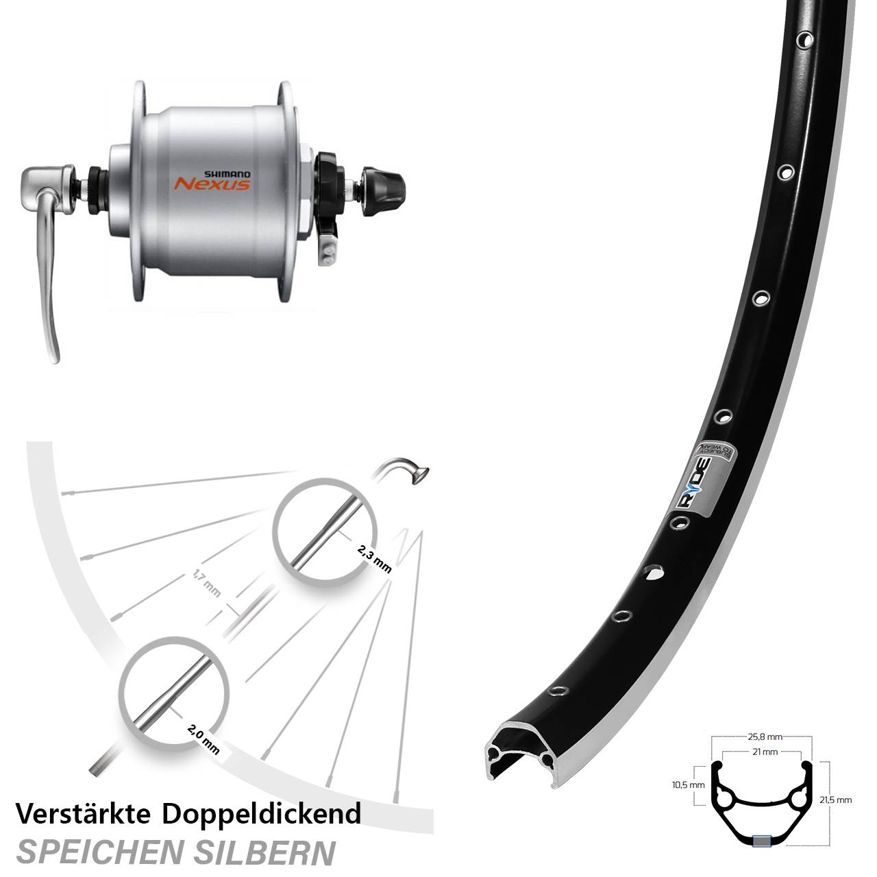 Vorderrad mit Nabendynamo 28 Zoll Ryde ZAC 421 Shimano Nexus DH-C3000 für Schnellspanner