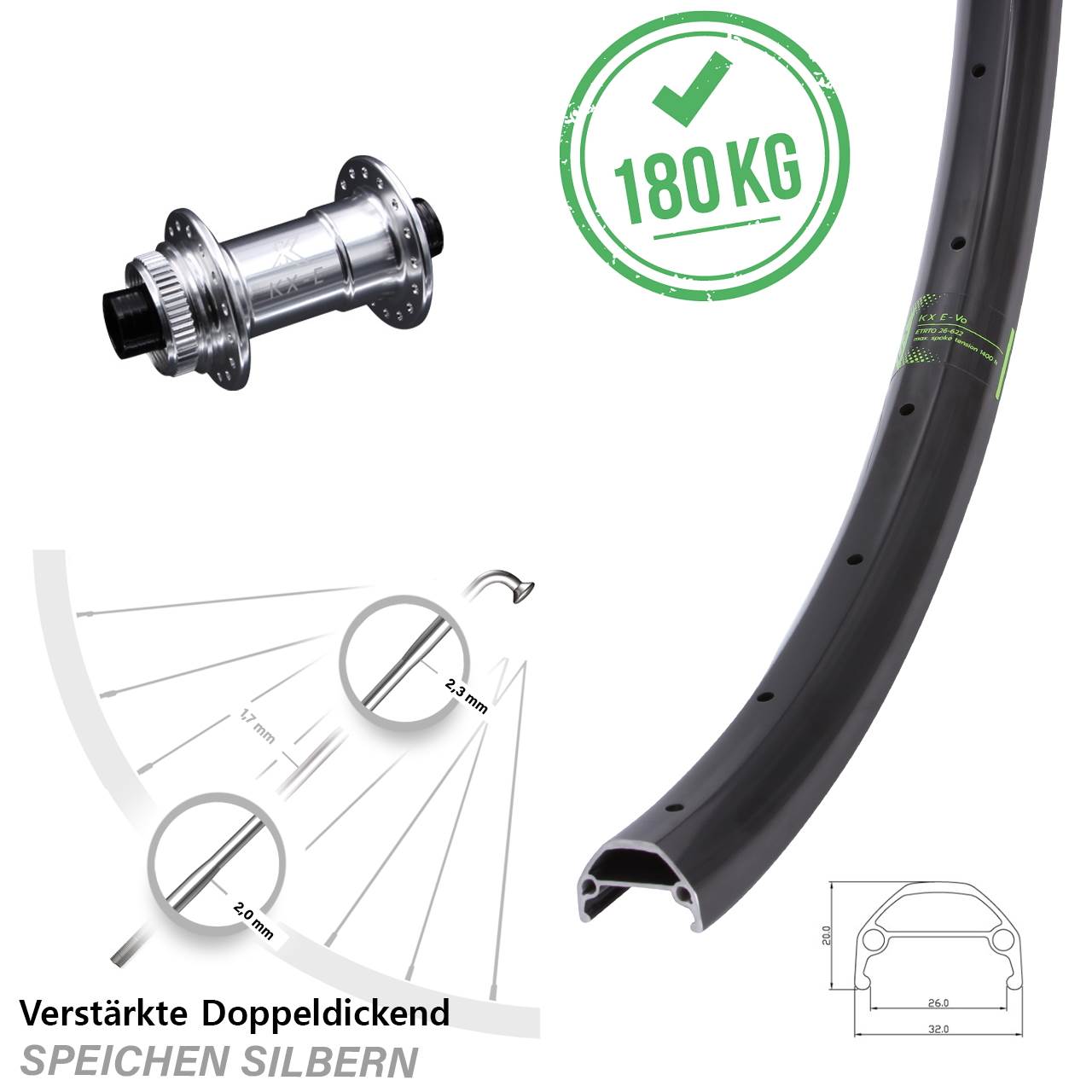 Centerlock Vorderrad 20 Zoll KX Evo E-Bike 4 Kugellager 15x100