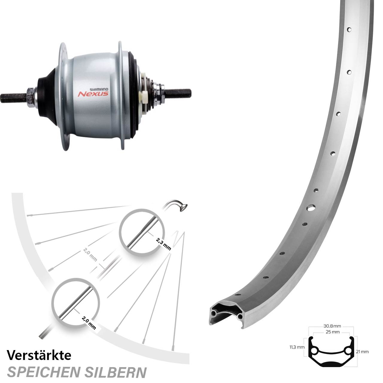 24 Zoll Ryde Andra 40 Shimano Nexus 8 Gang Hinterrad mit Freilauf silbern