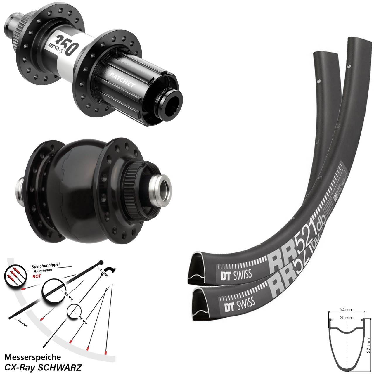 28 Zoll DT Swiss RR521-350 Road SONdelux Disc Laufrad-Satz 12x100/142 11-12 fach HG CX-Ray