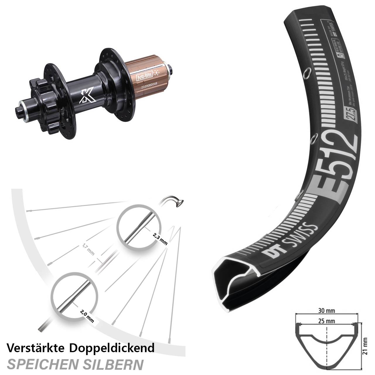 DT Swiss E512 KX-M Disc 29 Zoll Hinterrad für Schnellspanner 8-12 fach HG