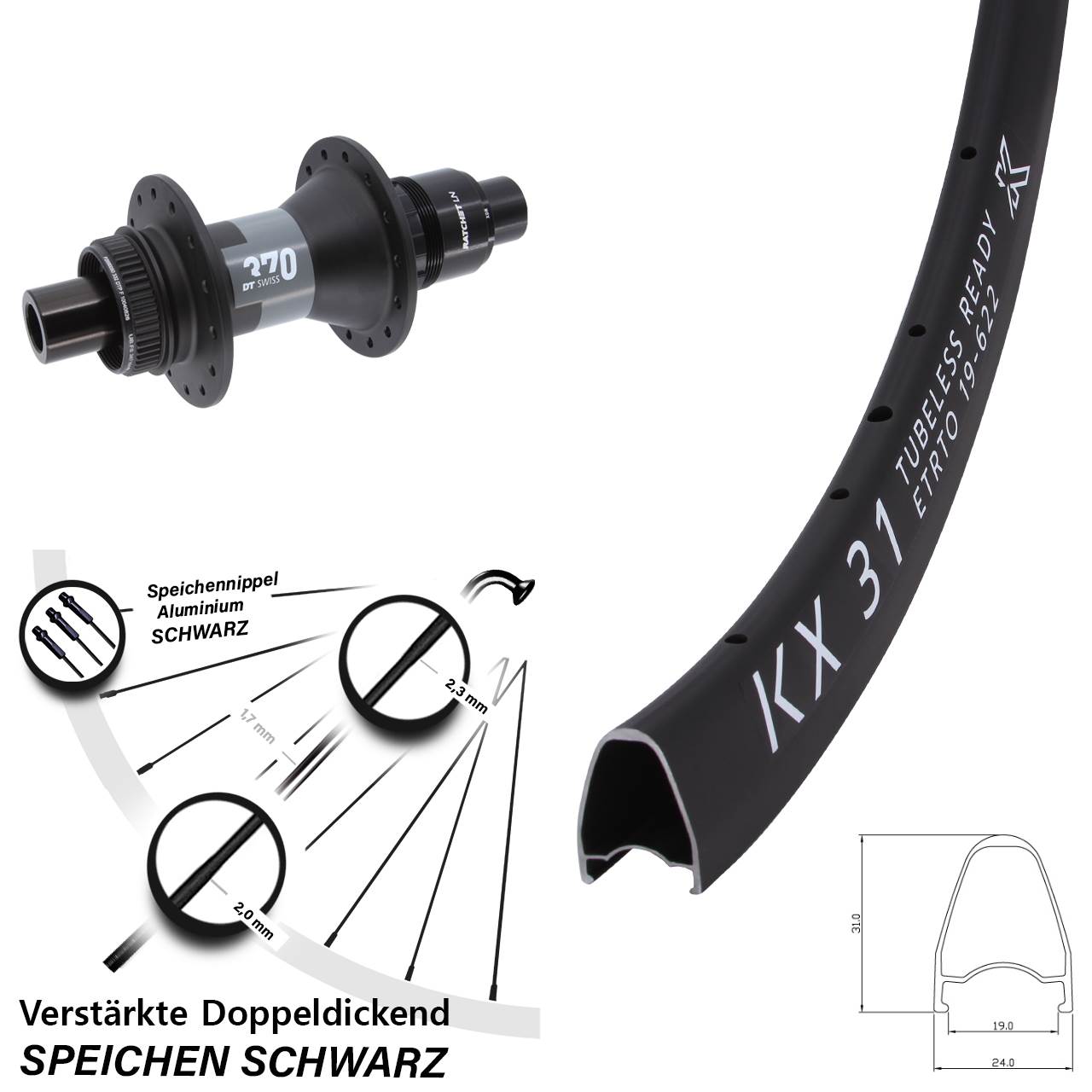 Hinterrad Centerlock 12x142 28 Zoll KX31 DT Swiss 370 SRAM XDR