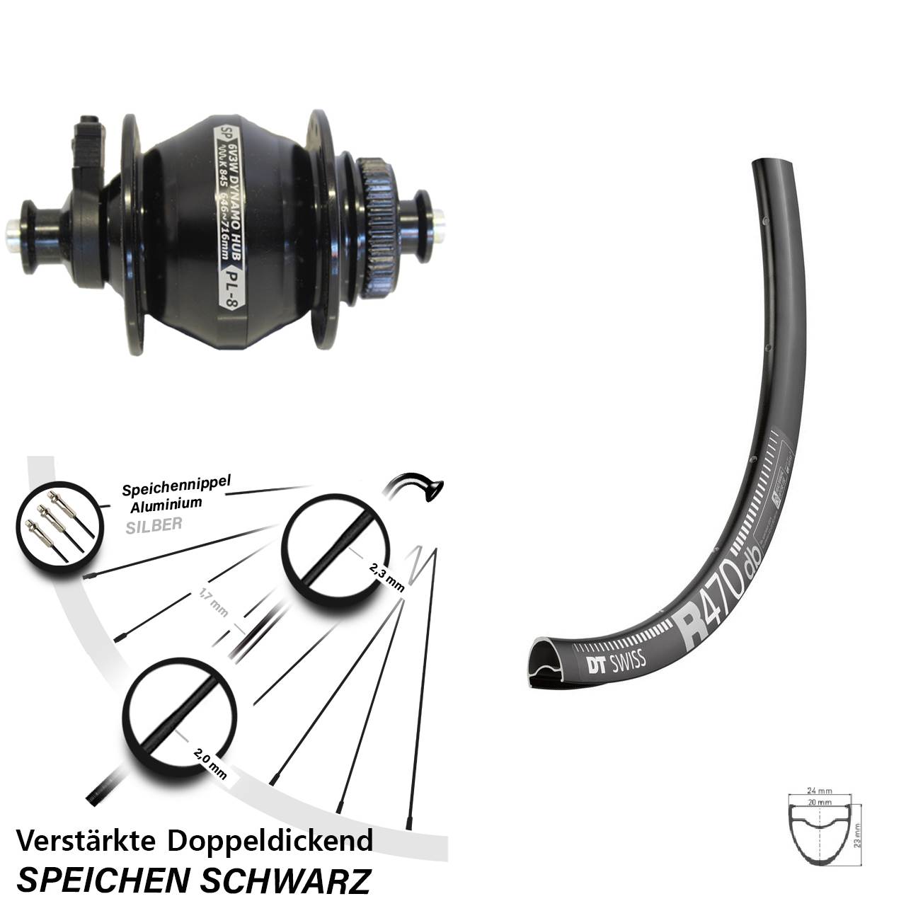 Centerlock Vorderrad mit Dynamo 28 Zoll DT Swiss R470 Shutter PL-8 für Schnellspanner