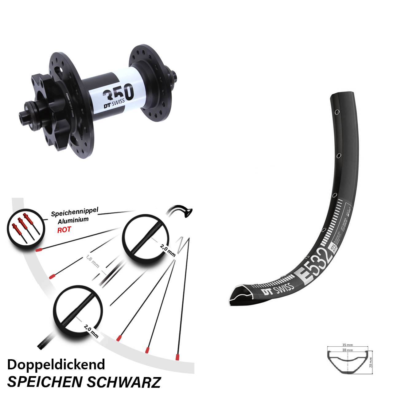 29 Zoll DT Swiss E 532-350 Vorderrad 6-Loch für Schnellspanner