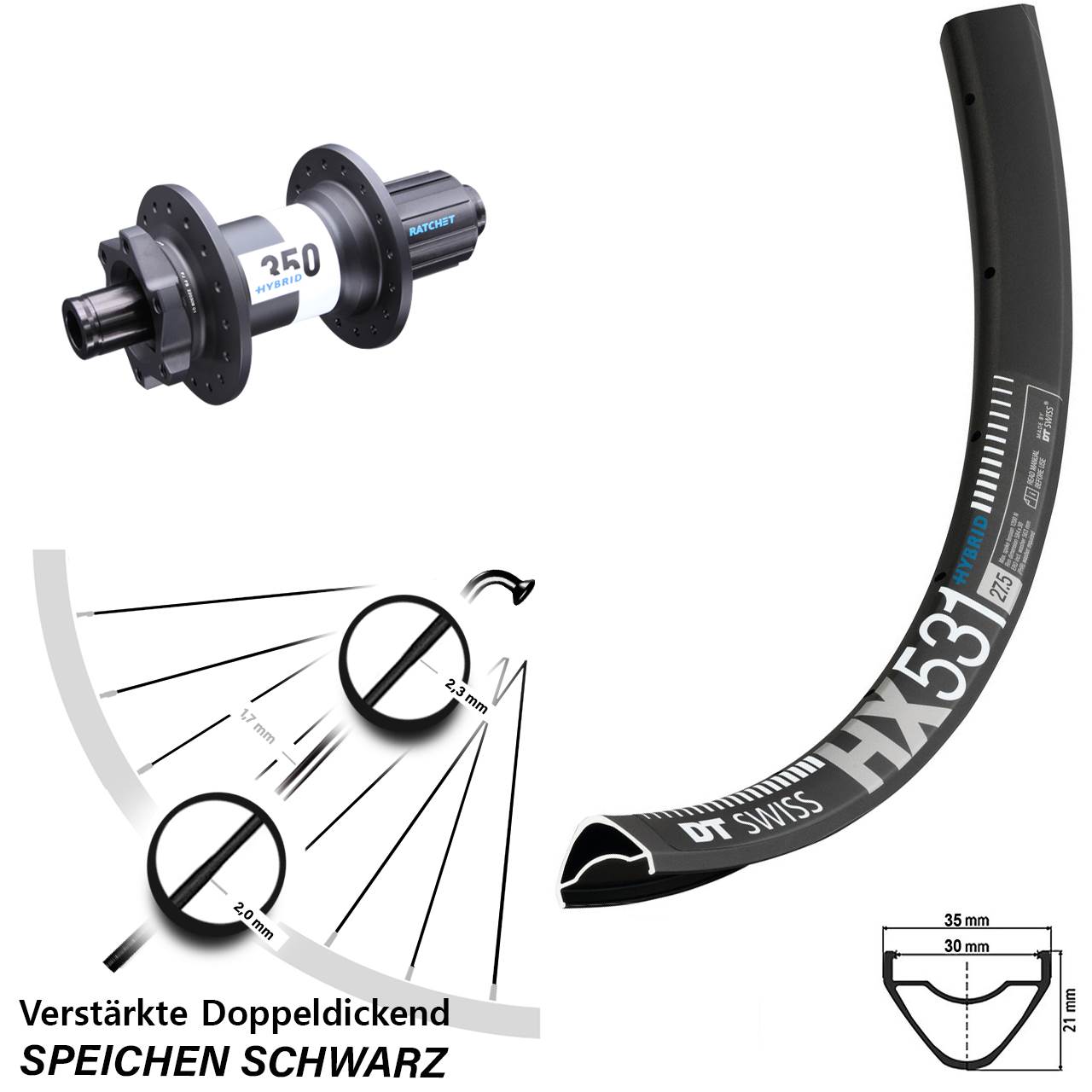 HX 531 DT Swiss 350 Hybrid Boost 12x148 mm Shimano HG Hinteres Rad 29 Zoll E-Bike