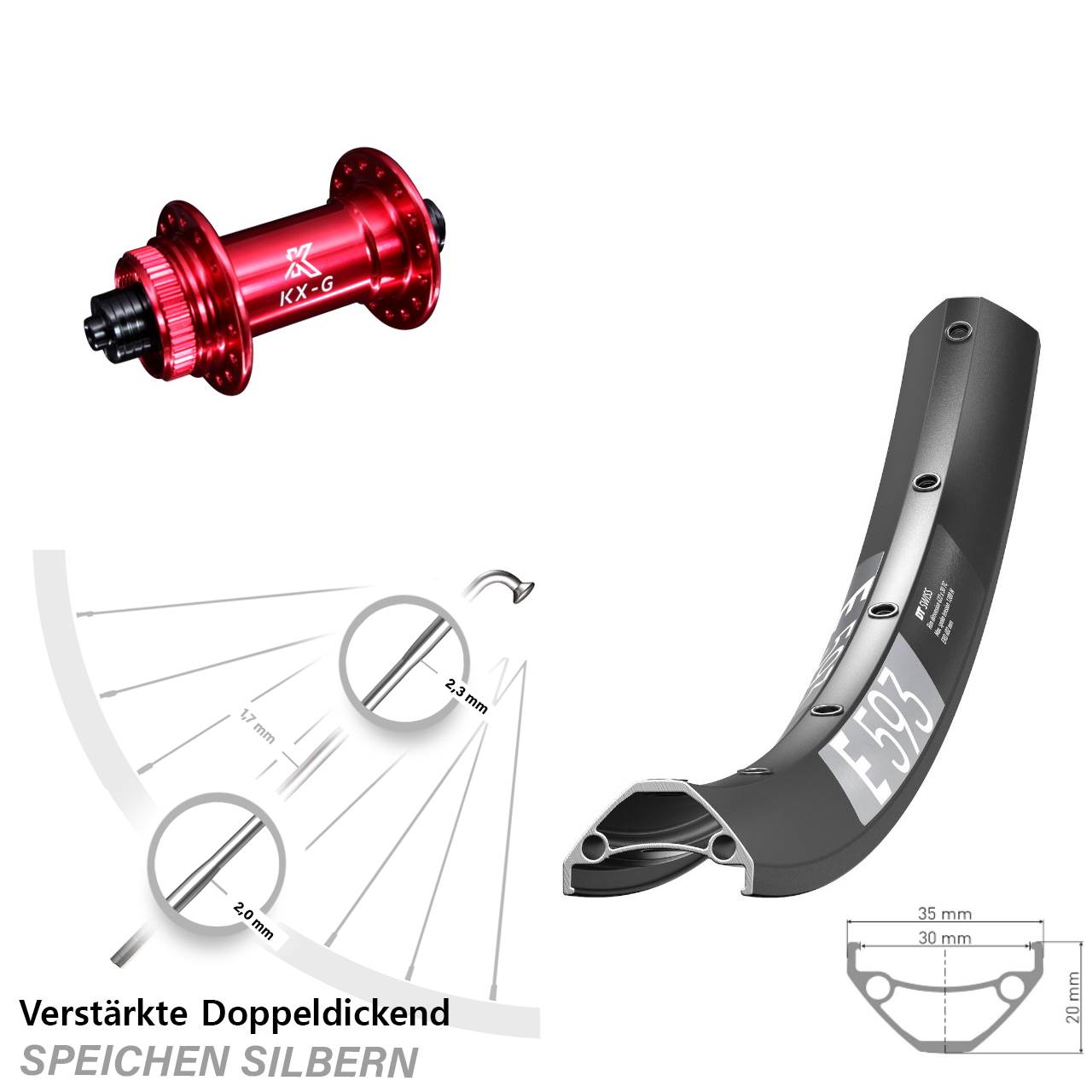 29 Zoll DT Swiss E 593 KX-G rot Centerlock Vorderrad für Schnellspanner