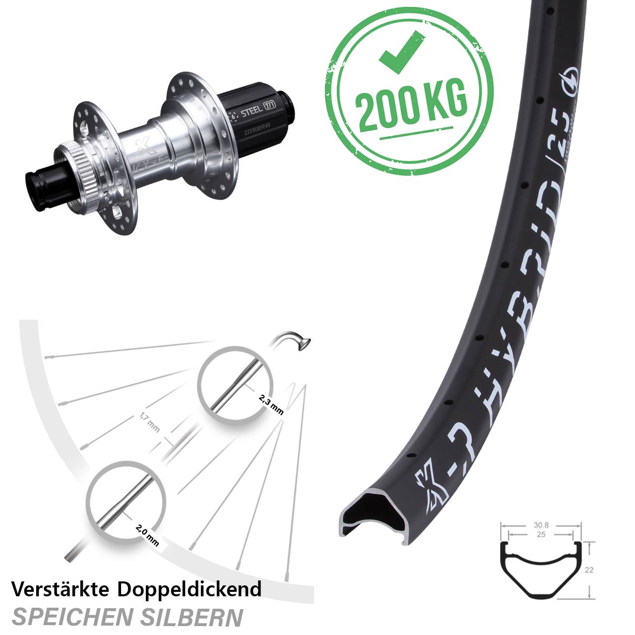 KX-ER Hybrid 25 Hinterrad 29 Zoll Disc Steckachse 12x142 mm Shimano 8-12 fach silbern