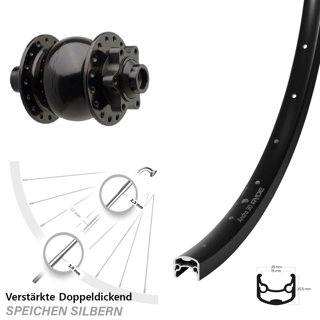 Ryde Andra 30 Disc SON 28 Zoll 6-Loch Nabendynamo-Vorderrad 15x110