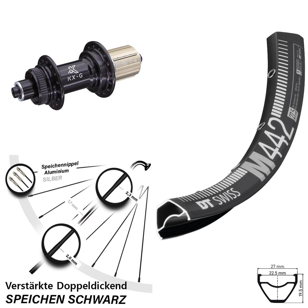 DT Swiss M442 KX-G 28-29 Zoll Hinterrad Centerlock für Schnellspanner 8-12 fach HG