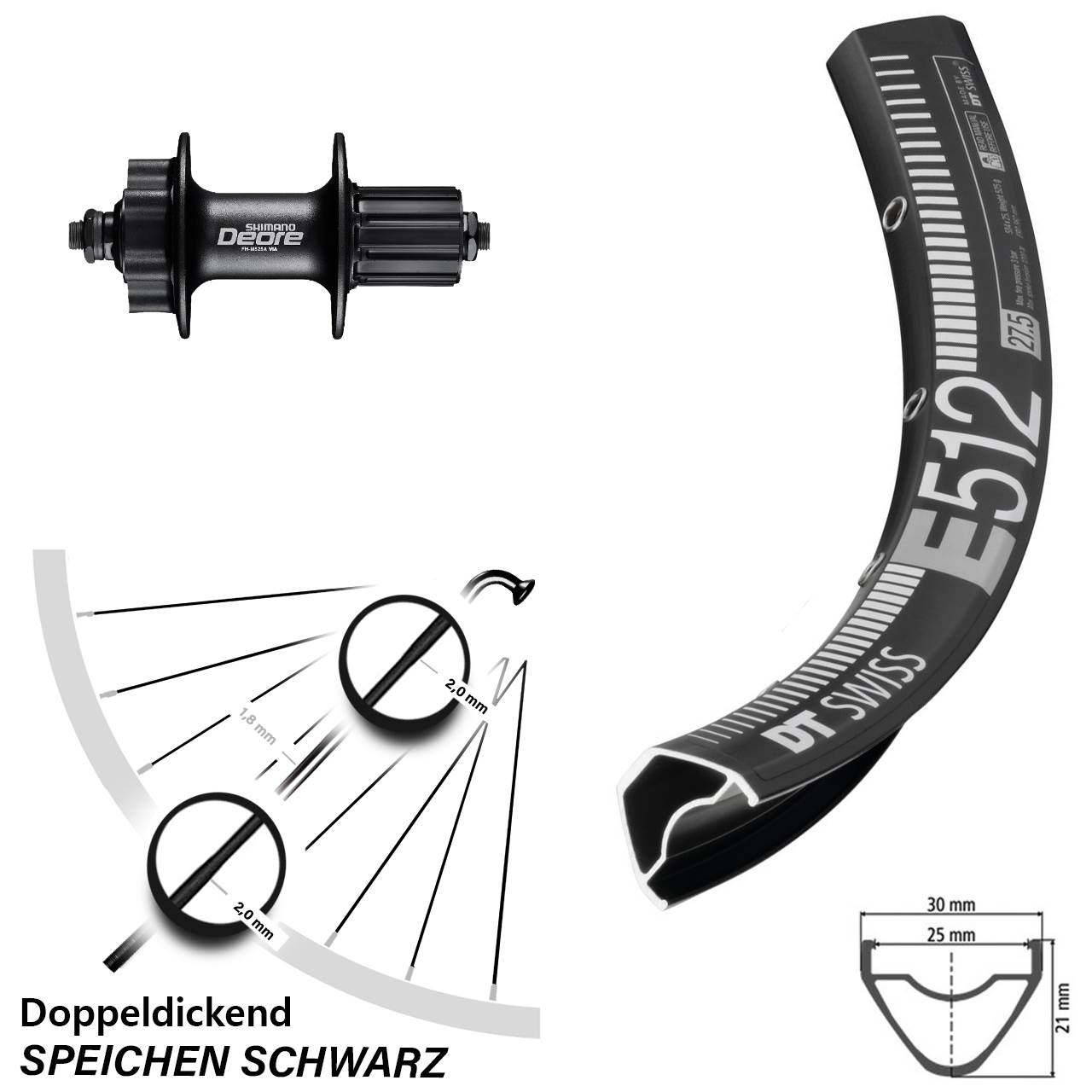 29 Zoll DT Swiss E512 Shimano FH-M525 Disc Hinterrad QR 8-11 fach