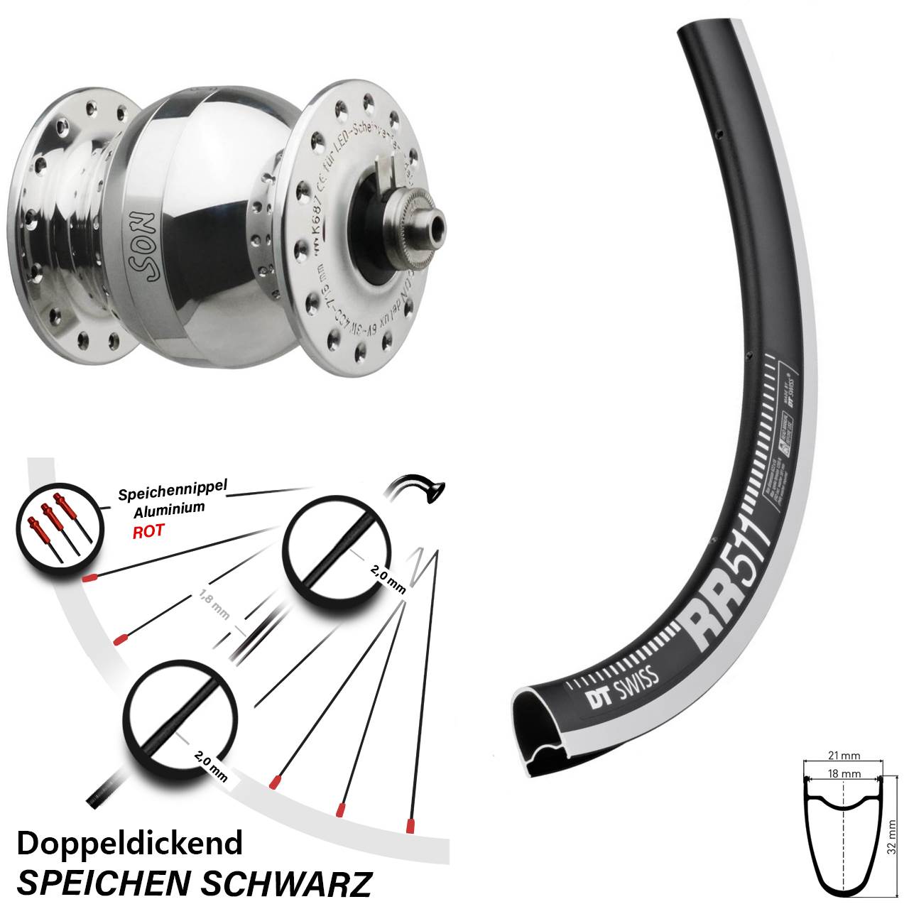 Nabendynamolaufrad 28 Zoll DT Swiss RR511 CNC SONdelux wide body für Schnellspanner
