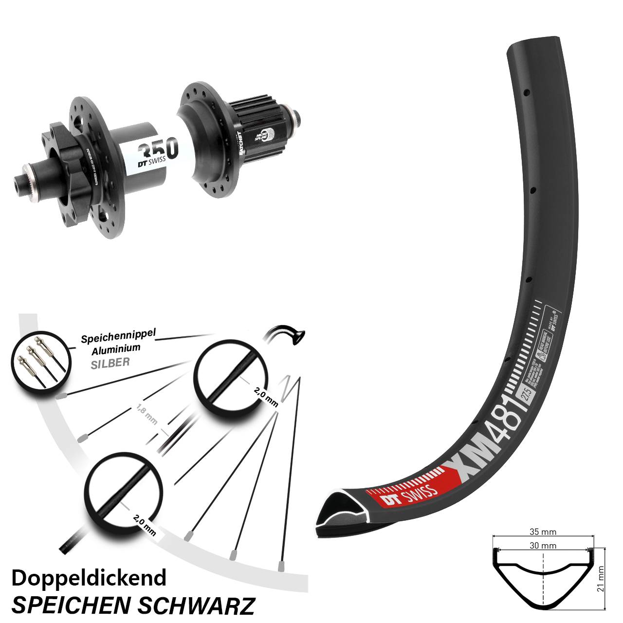 27,5 Zoll DT Swiss XM 481 350 Boost Disc Hinterrad für Schnellspanner Micro Spline