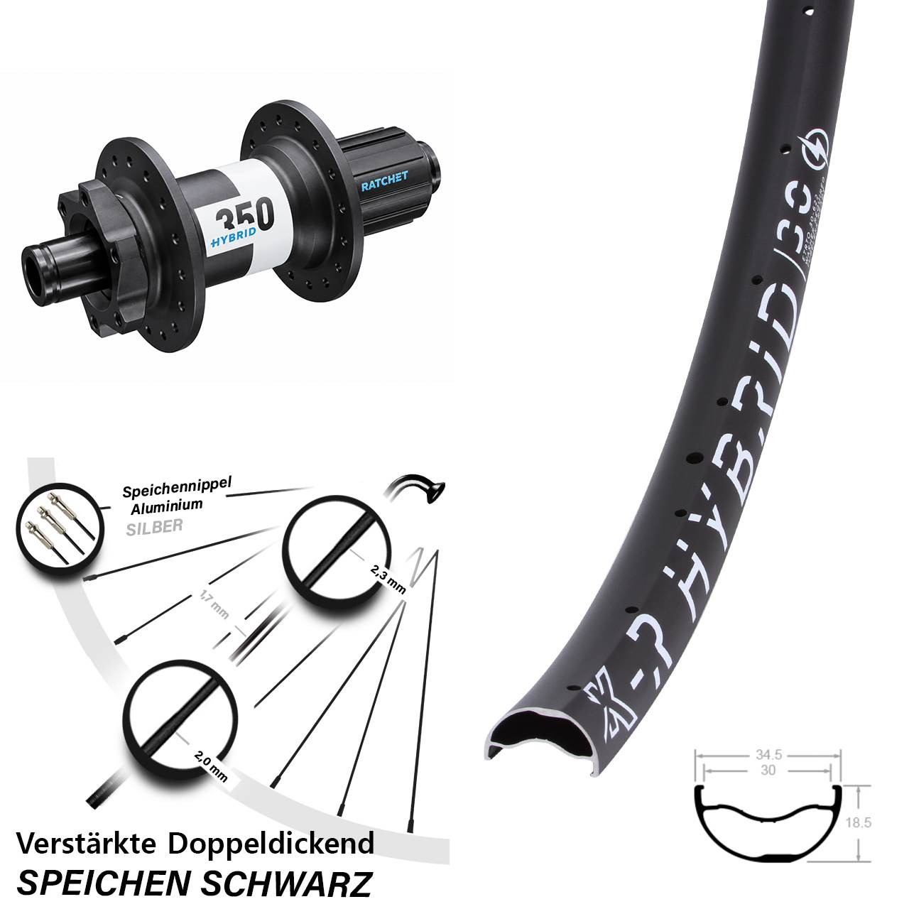 E-Bike Hinterrad KX-R Hybrid 30-622 DT Swiss 350 Boost 29 Zoll verstärkt Shimano 8-11 fach