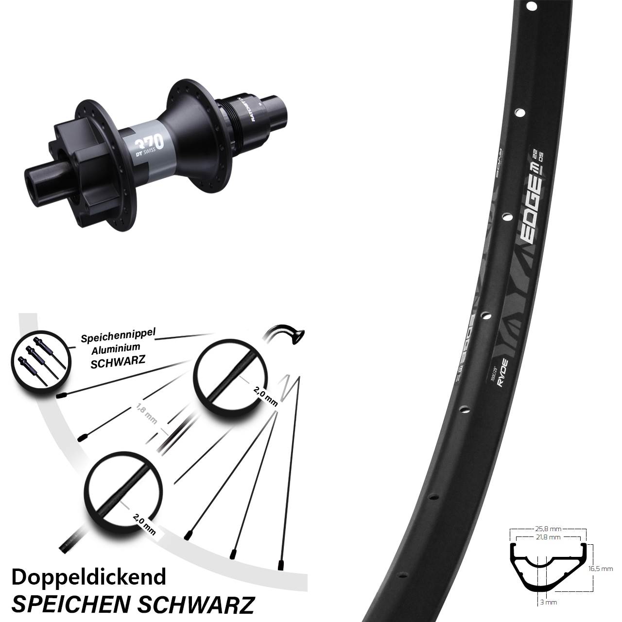 DT Swiss 370 Sram XD Steckachse 12x142 mm 29 Zoll Hinterrad 6-Loch Ryde Edge M22-622 ETRTO