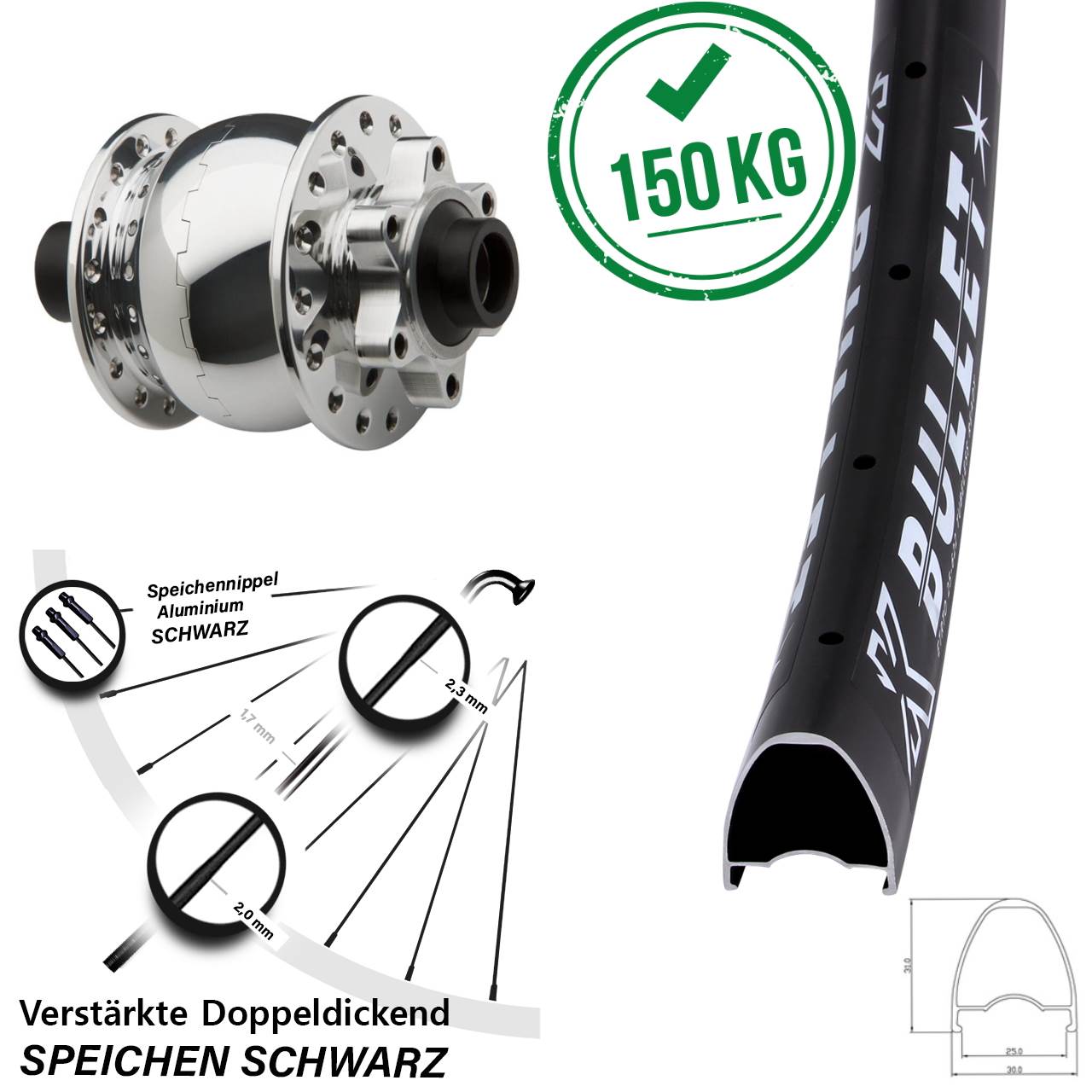 Nabendynamovorderrad 6-Loch 15x100 KX Bullet SON 28 Zoll