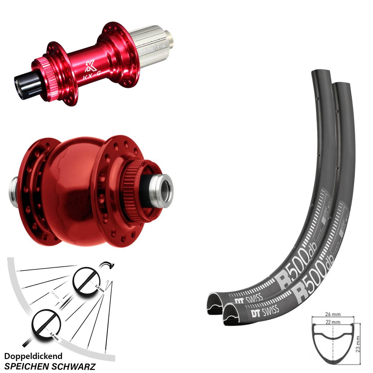 Laufradsatz 29 Zoll DT Swiss R500 KX-G rot SON 28 8-12 fach 12x100/142