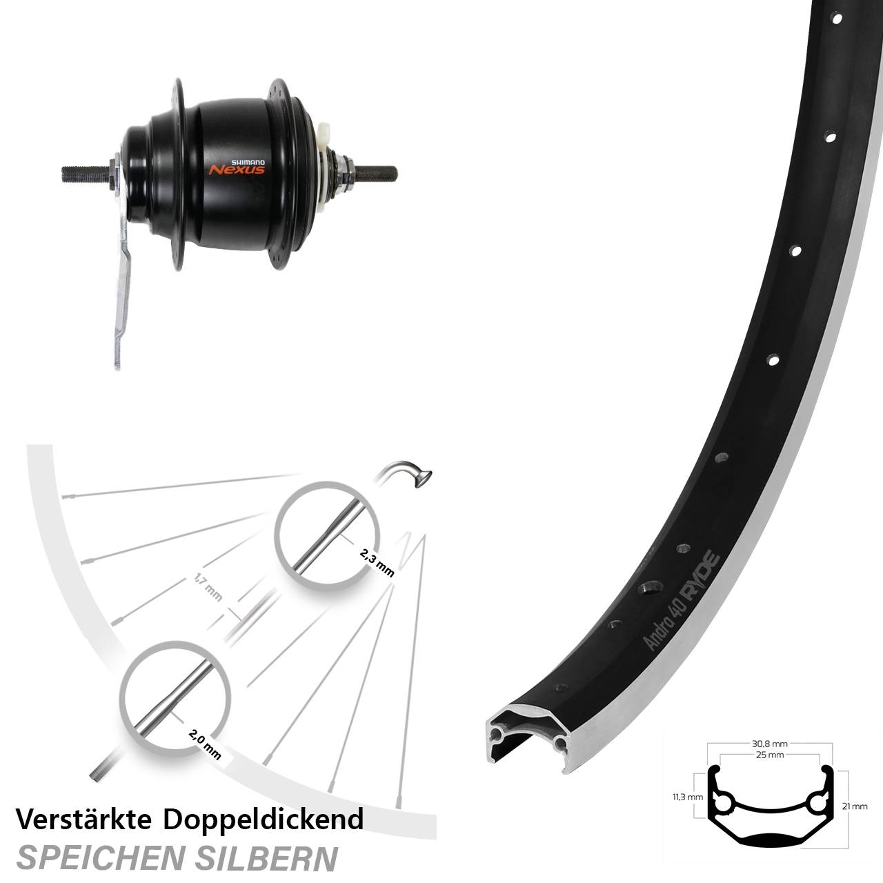 28 Zoll Hinterrad Shimano Nexus 8 Gang Rücktritt Ryde Andra 40