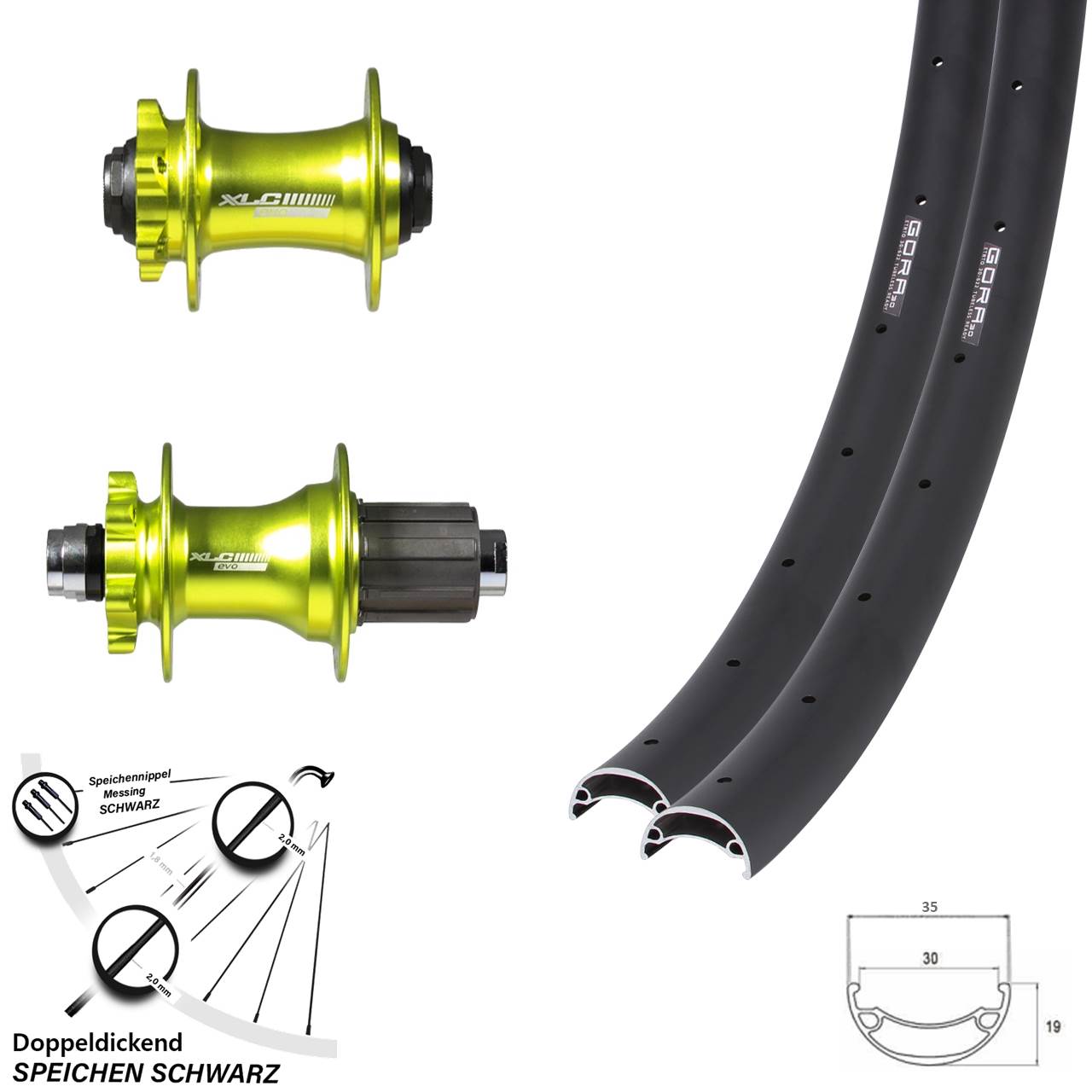 Laufradsatz 29 Zoll Gora 30 Steckachse 100x142 mm XLC Pro grün eloxiert Disc 6-loch