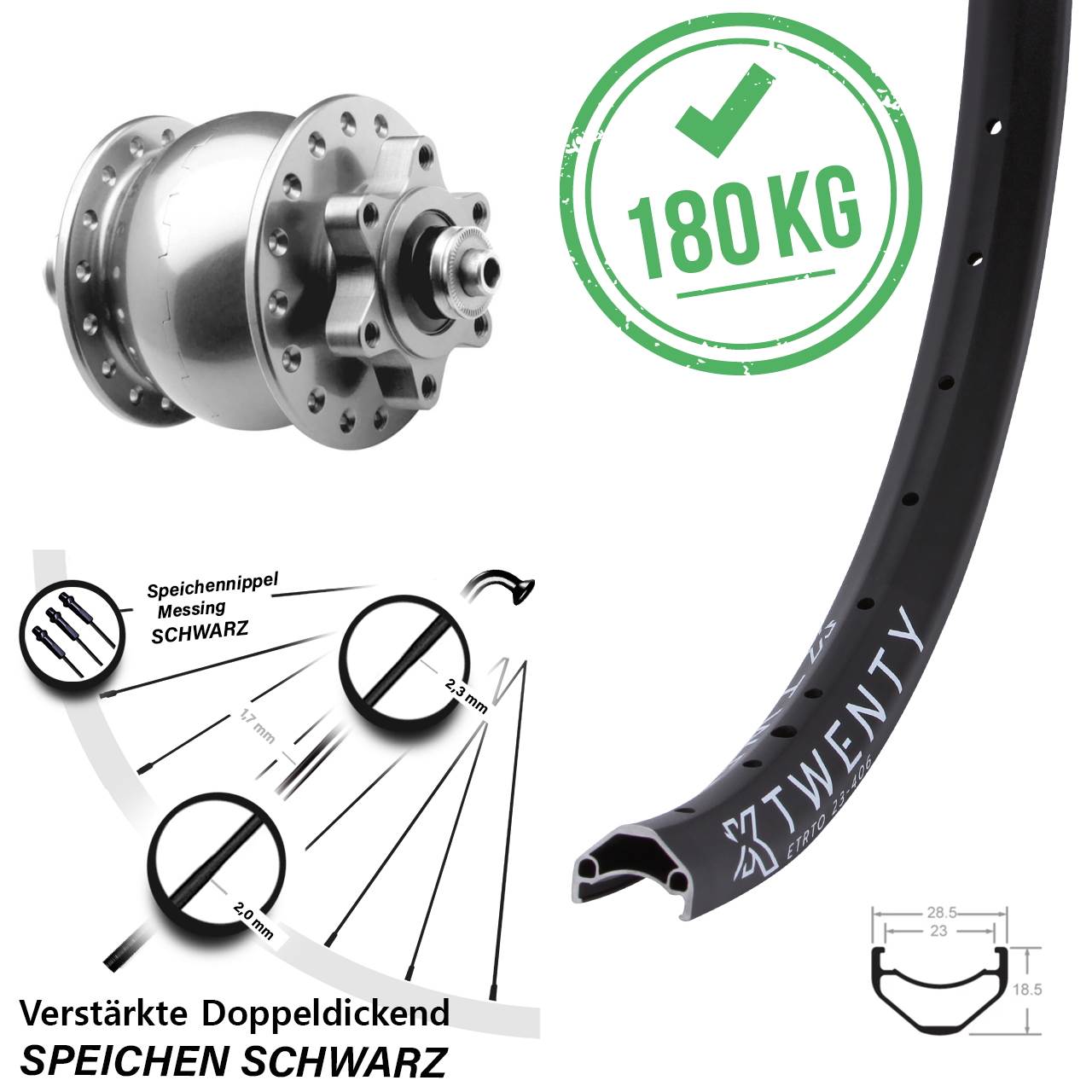Disc Vorderrad mit Nabendynamo 20 Zoll KX Twenty SON 28 silbern QR