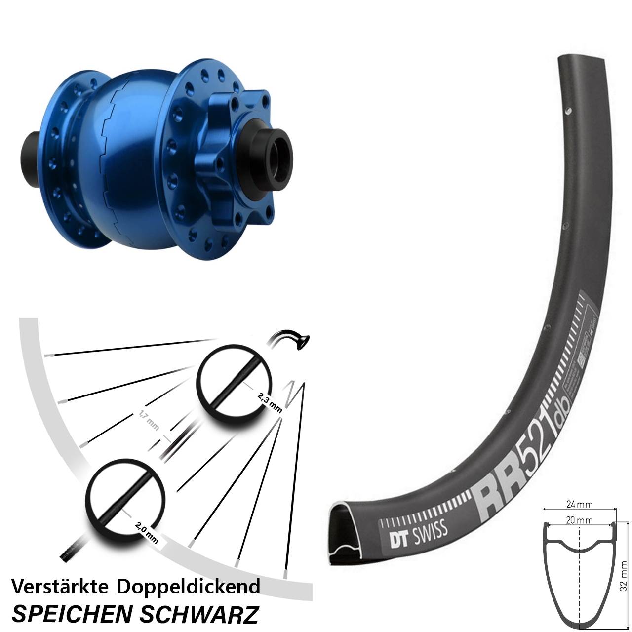 DT Swiss RR 521 SON 28 Zoll blau Dynamo-Vorderrad 6-Loch 15x100