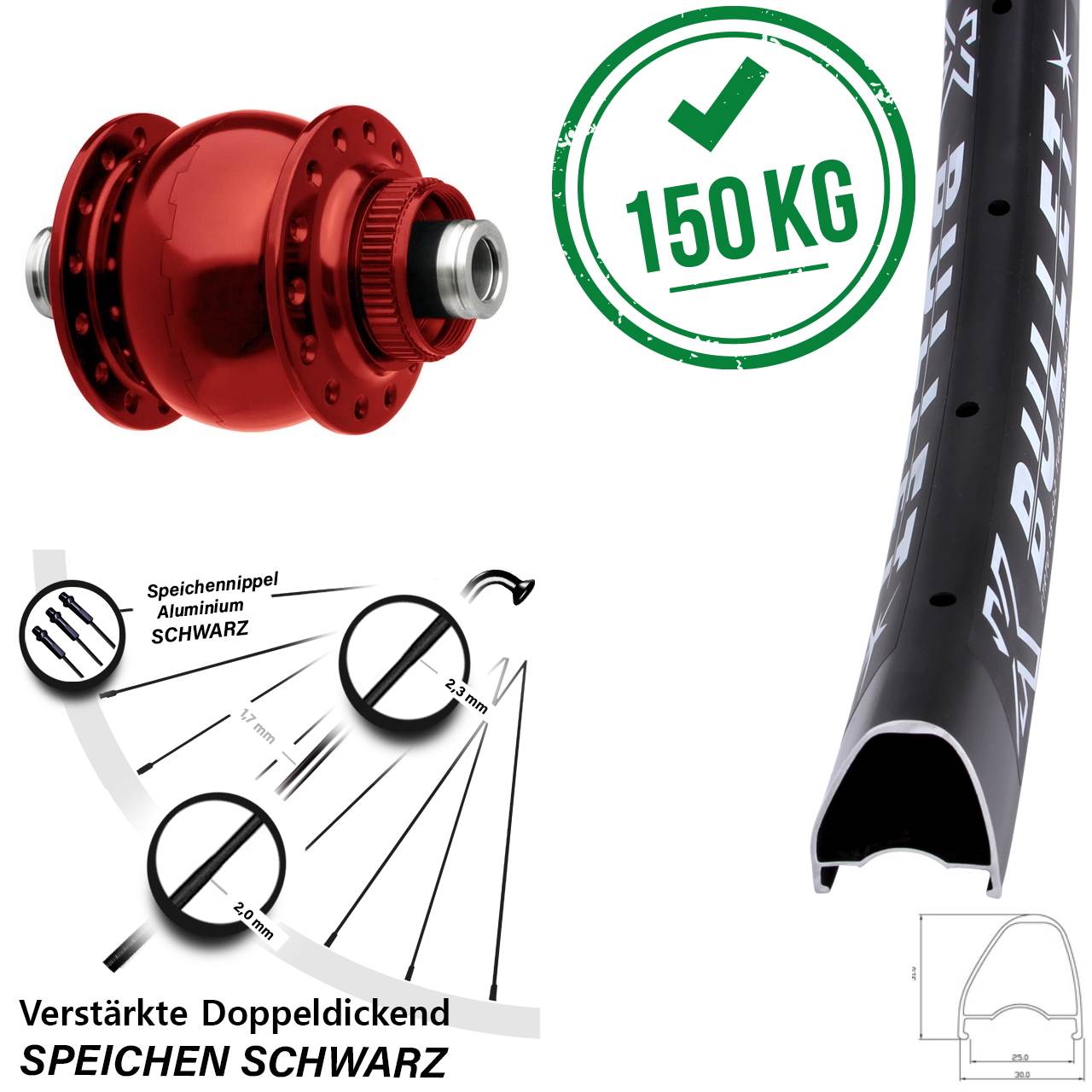 28 Zoll KX Bullet OS SON 28 rot Disc Nabendynamolaufrad 12x100