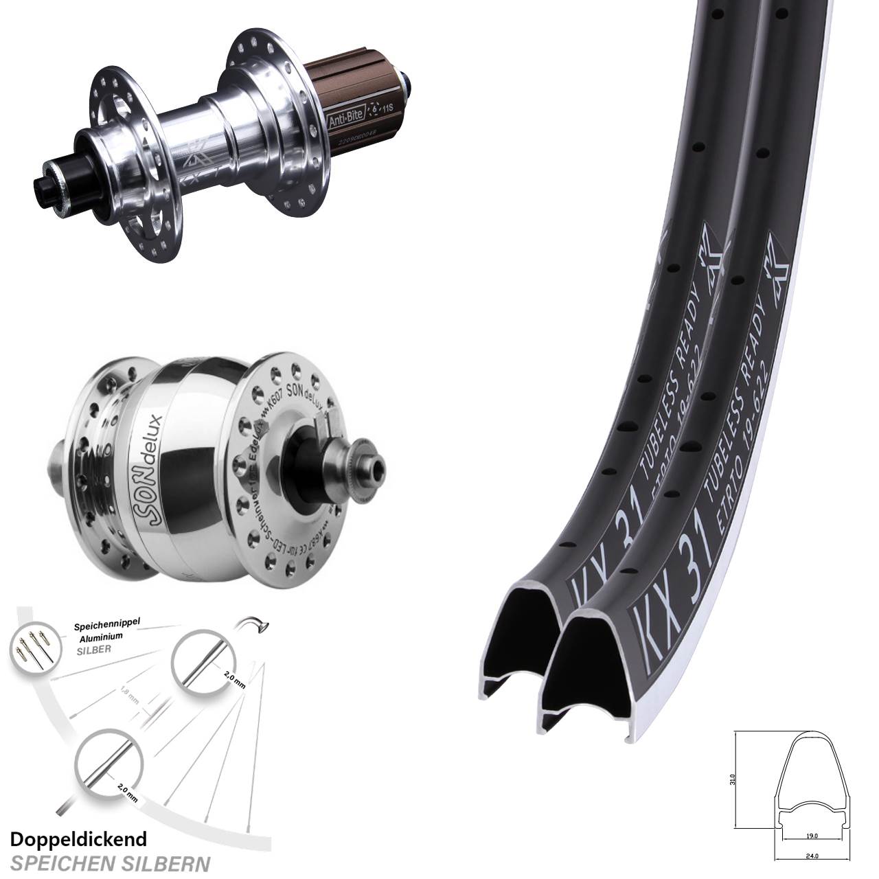 KX-T 31 SON delux 28 Zoll Laufradsatz für Schnellspanner 8-12 fach HG