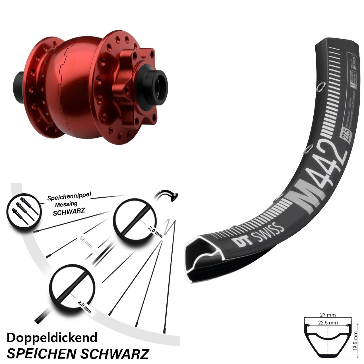 SON 28 rot DT Swiss M442 28 Zoll Vorderrad mit Nabendynamo 6-Loch 15x100