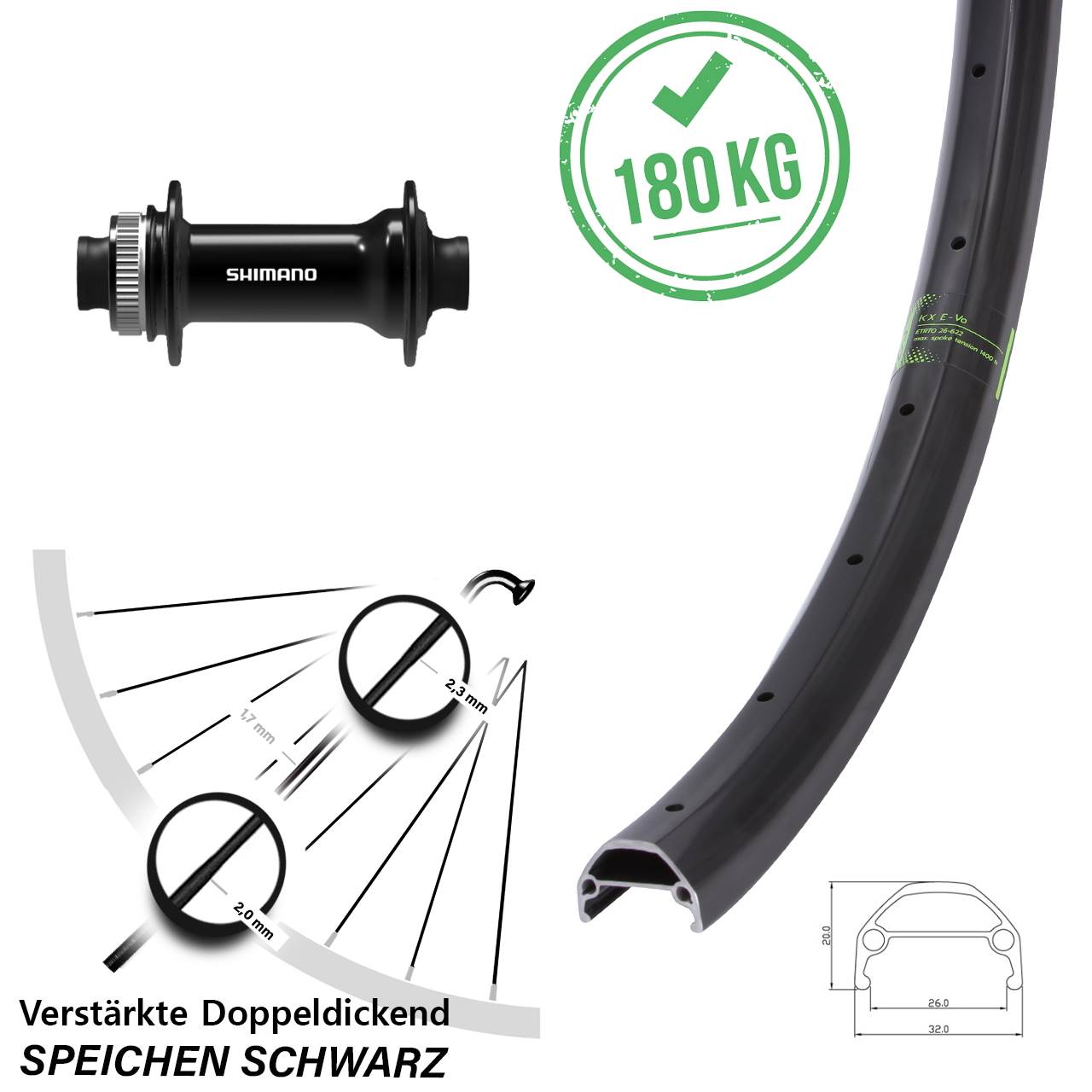 20 Zoll KX Evo Shimano HB-TC500 Vorderrad Centerlock 15x100