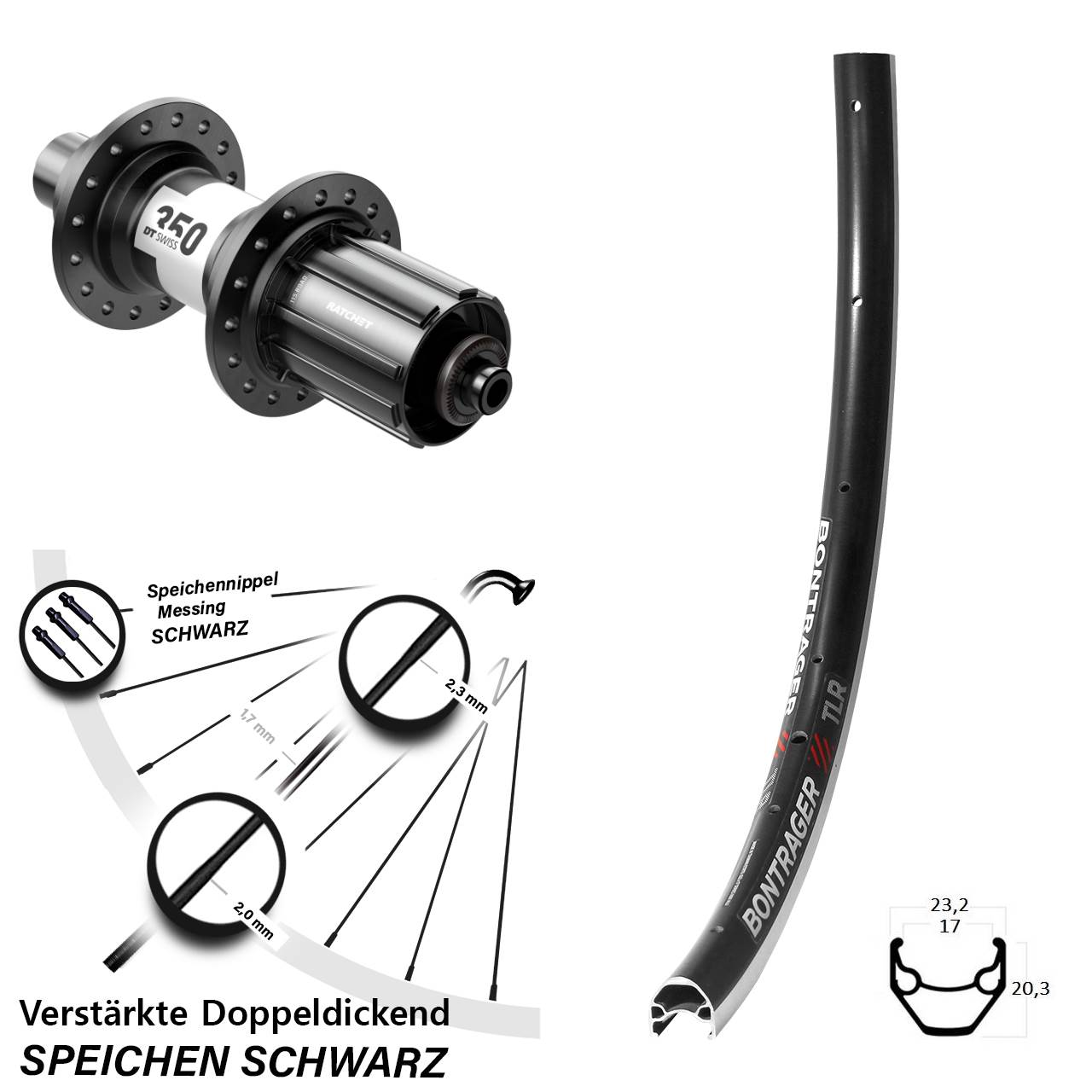 28 Zoll Bontrager TLR DT Swiss 350 Hinterrad QR 11-12 fach HG