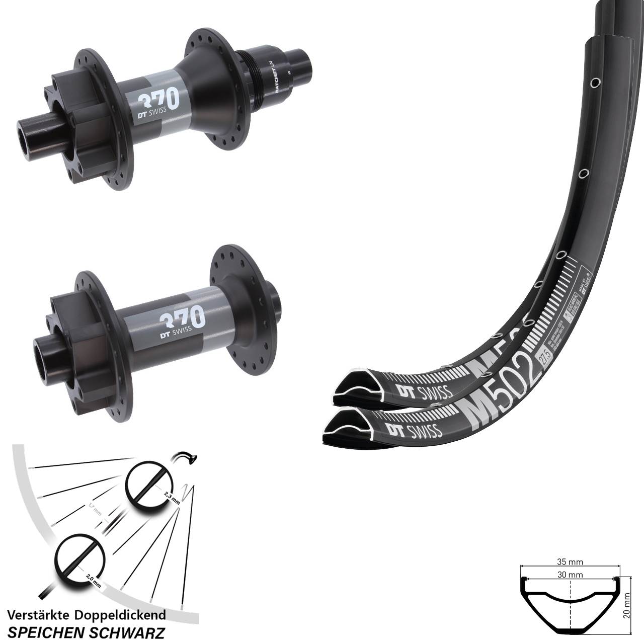 6-Loch Laufradsatz 27,5 Zoll DT Swiss M502-370 SRAM XD 15x110 12x148 Boost
