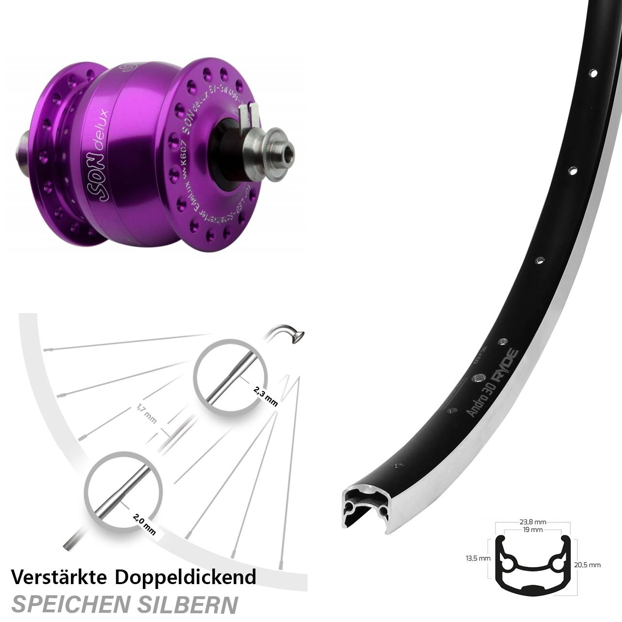 28 Zoll Ryde Andra 30 SON delux violett Vorderrad mit Nabendynamo QR