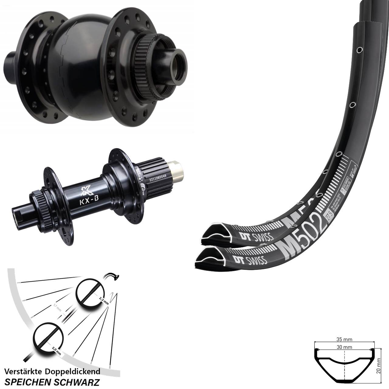 29 Zoll DT Swiss M502 KX-B SON 28 Laufradsatz 15x110 12x148 Boost Micro Spline