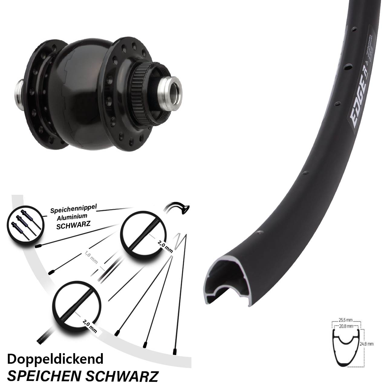 Vorderrad Nabendynamo SON 28 Zoll 12x100 mm Steckachse 24 Speichen Ryde Edge R25 OS Disc