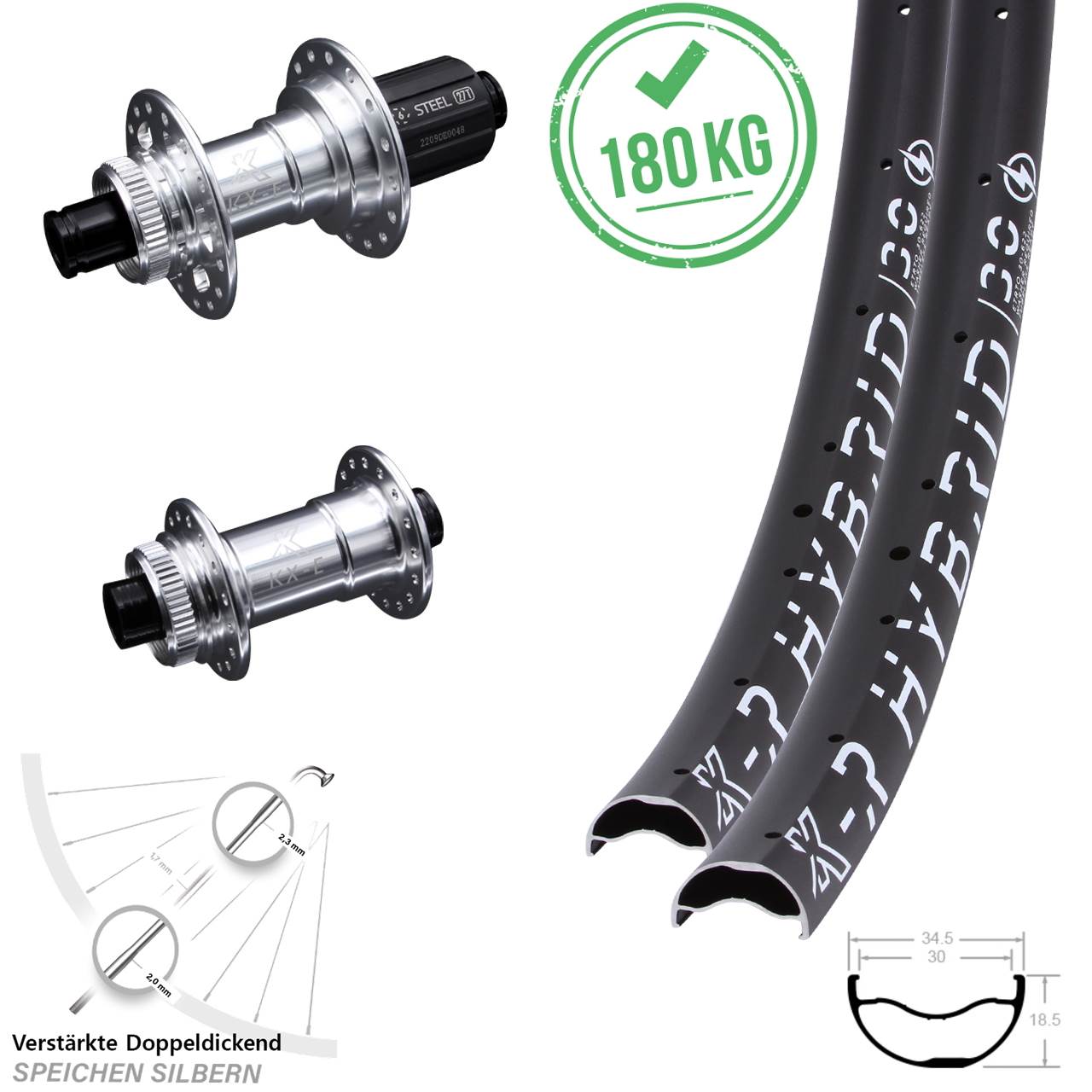 Laufradsatz 29 Zoll verstärkt E-Bike KX-ER Hybrid 30 Steckachse Centerlock silbern