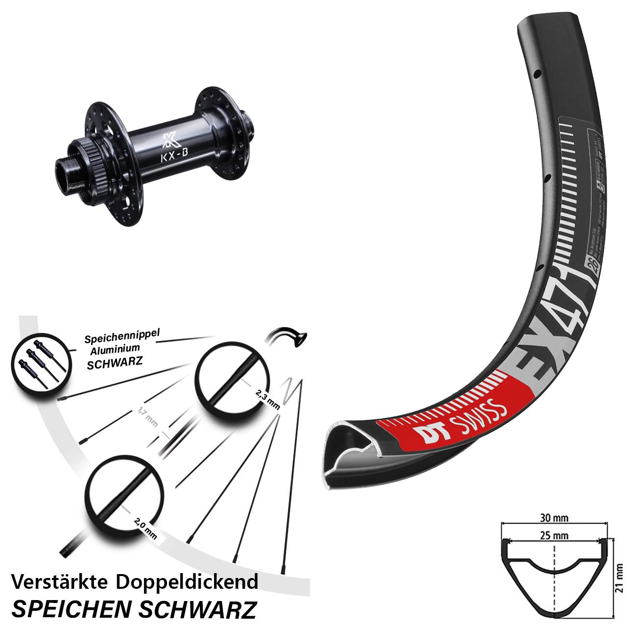 29 Zoll E-Bike Vorderrad KX-B Boost 15x110 mm DT Swiss EX 471 verstärkt Centerlock