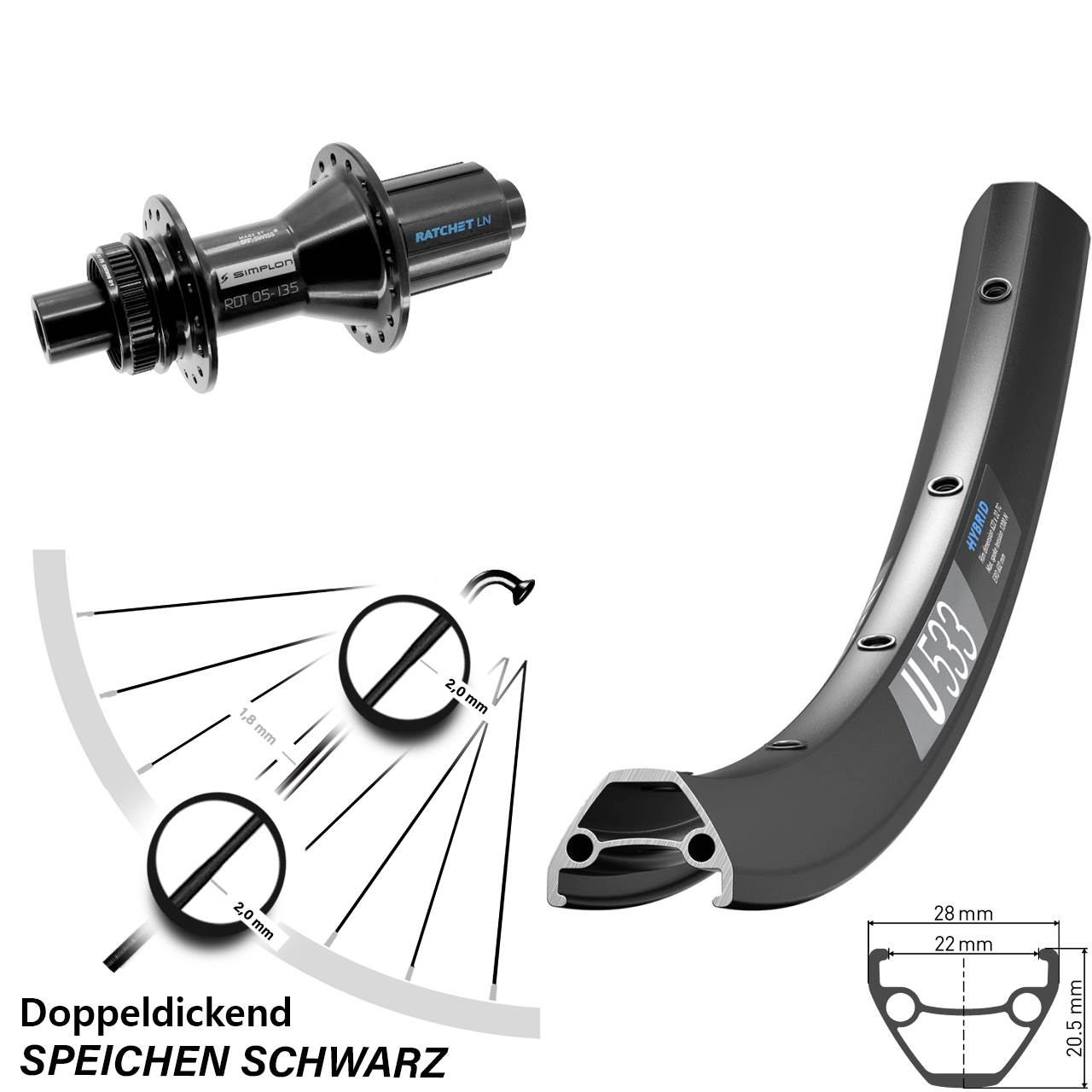 27,5 Zoll DT Swiss U533-370 Hybrid Centerlock Hinterrad 12x142 8-11 fach